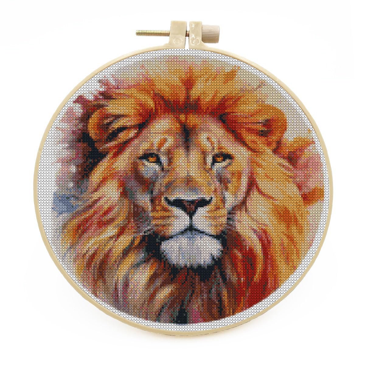 DIY Stamped Cross Stitch Kits with Hoop Animal Brown Lion Kits for Beginners Easy 11CT Needlepoint Embroidery Counted Cross Stitch Kits Art Craft Wall Decoration and Gift 33x33cm