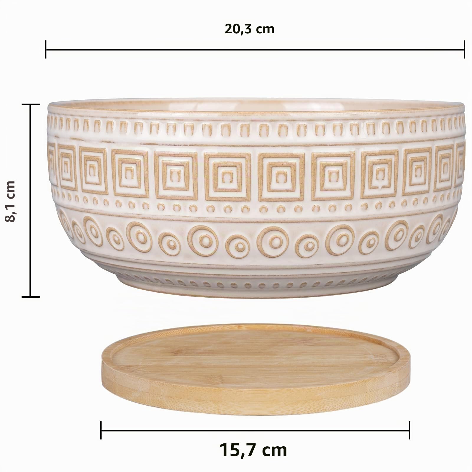G EPGardening 20,5 cm Keramik-Sukkulenten-Übertöpfe, rund, flach, Bonsai-Pflanztopf für Zimmerpflanzen mit Drainage und Bambus-Untersetzer, Weiß