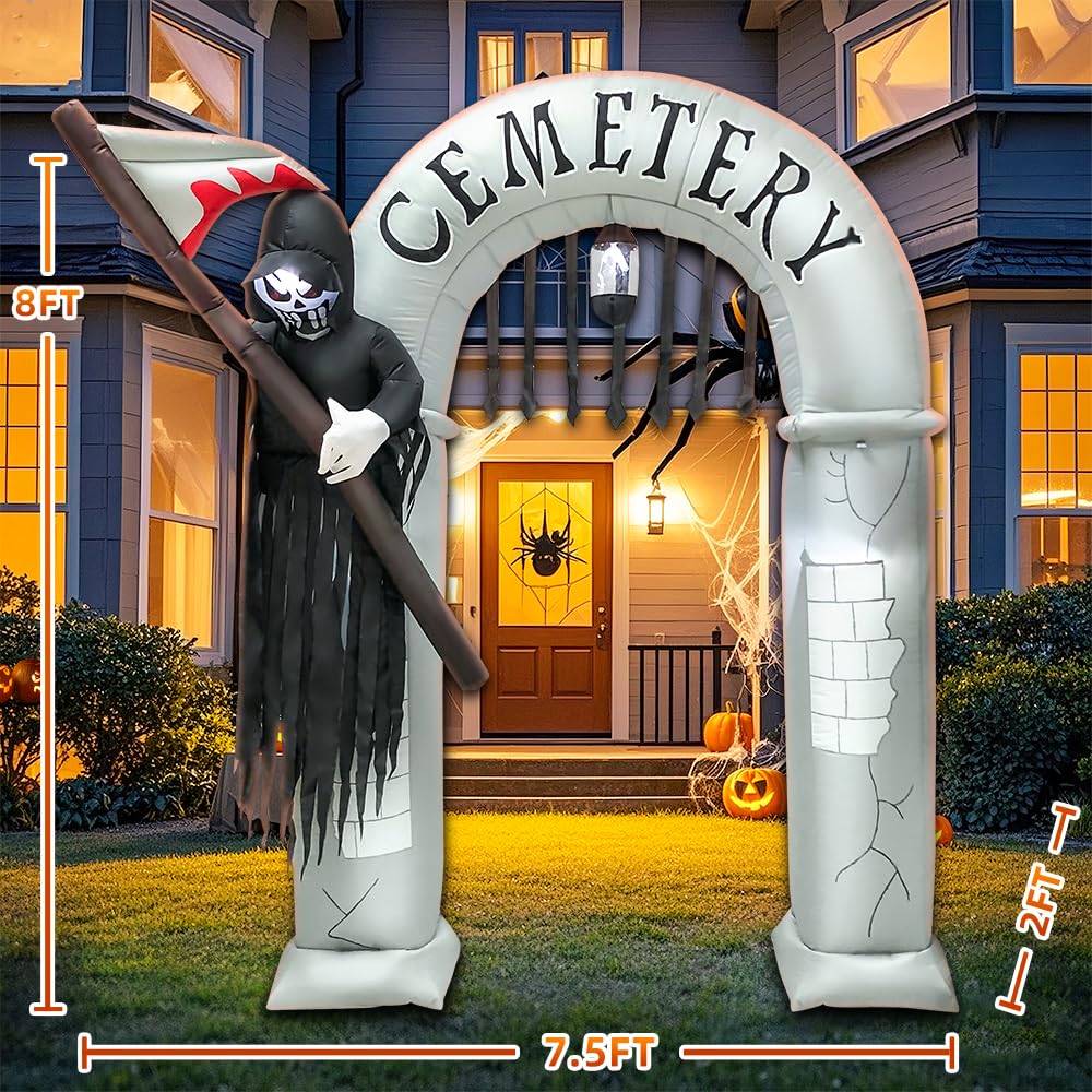 2,4 m Halloween-aufblasbare Torbogen-Dekoration mit LED-Licht, gruselig, gruselig, Halloween-aufblasbar, Sensenmann, Outdoor-Dekorationen, aufblasbares Spielzeug für Halloween, Urlaub, Party, Rasen