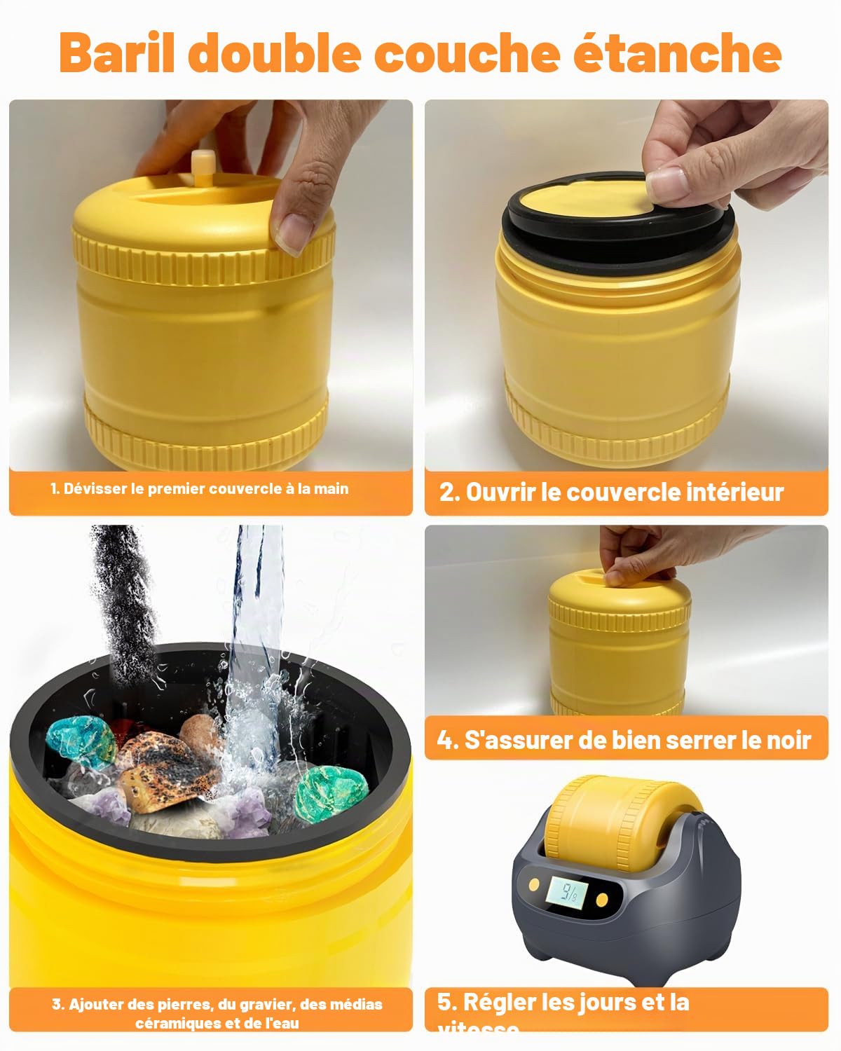 Kit de Culbuteur de Roches, Polisseuse de Roches avec Minuteur Numérique de 9 Jours, Kit Complet de Polissage de Roches, Conception de Réduction du Bruit à Double Couche, Le Broyeur Comprend un