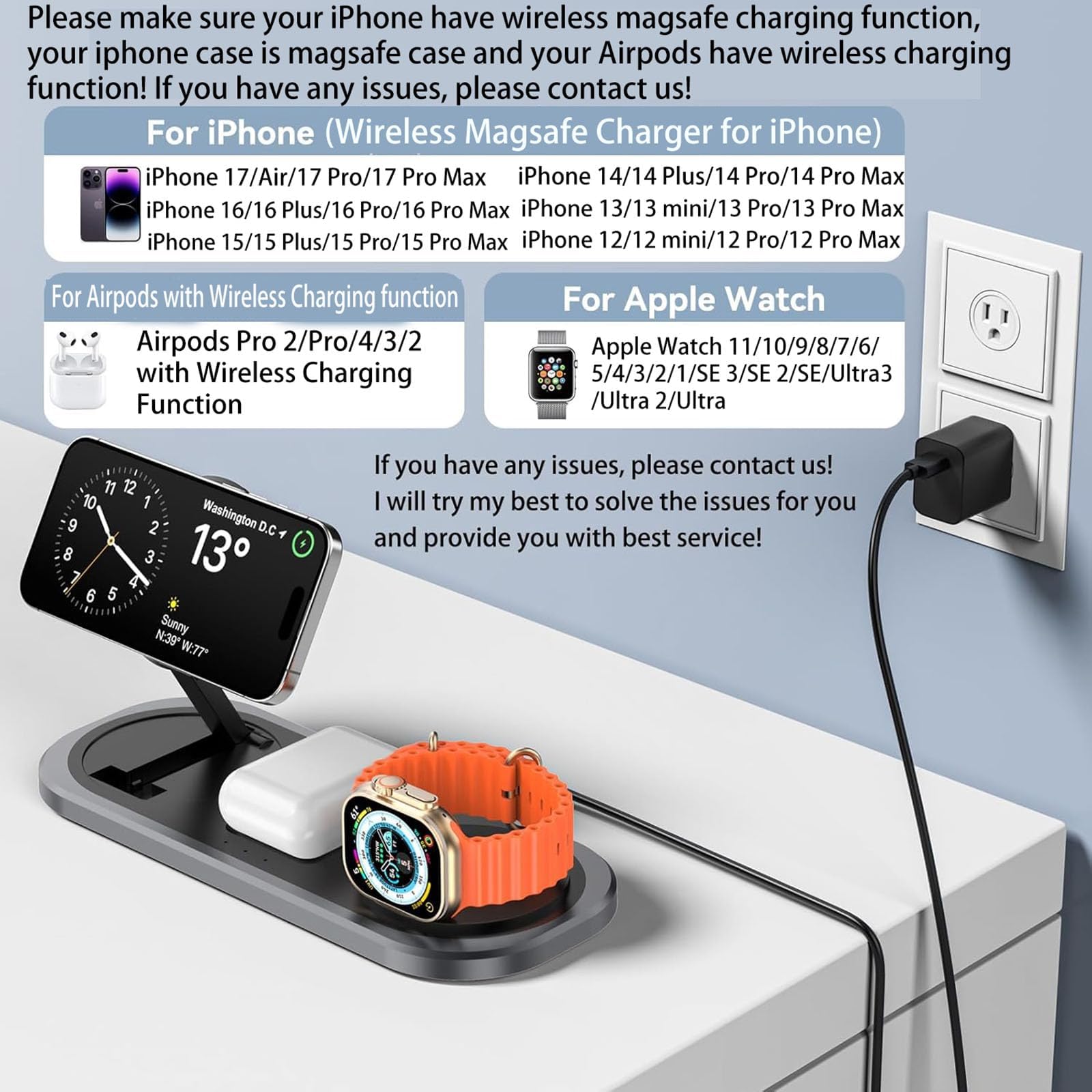 3 in 1 Faltbare Ladestation für Apple Geräte, Fast Wireless Charger Stand für Magsafe für iPhone 16 15 14 13 12 Pro Max Plus, Apple Watch Series & AirPods pro/2/3/4, Geschenke für Frauen Männer