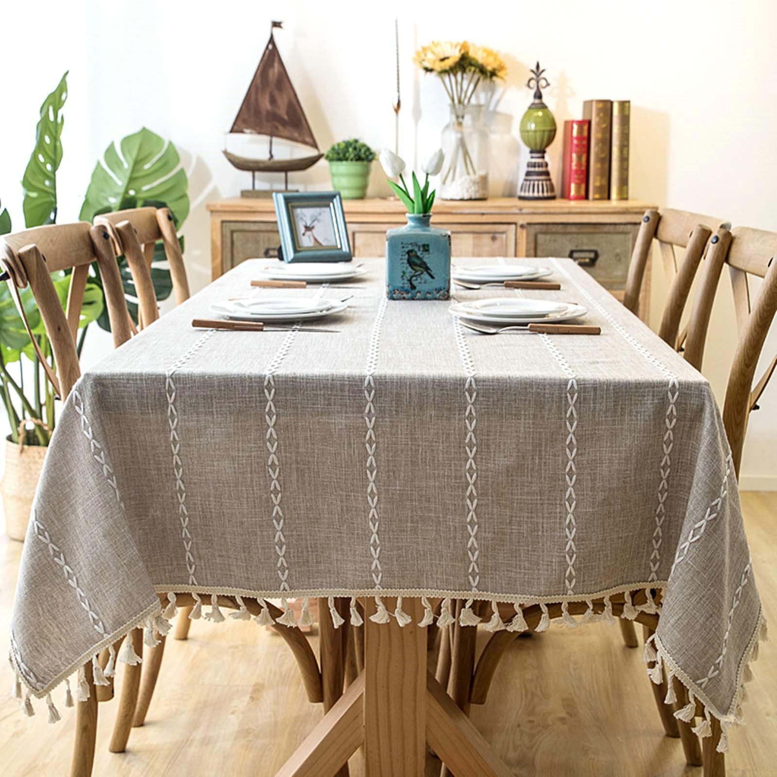 Gualiy Mantel Salon Rectangular, Poliéster Mantel de Cocina de Tela 120x180CM Mantel Cocina Impermeable Bordado Rayas con Borlas Manteles para Mesa de Centro, Caqui