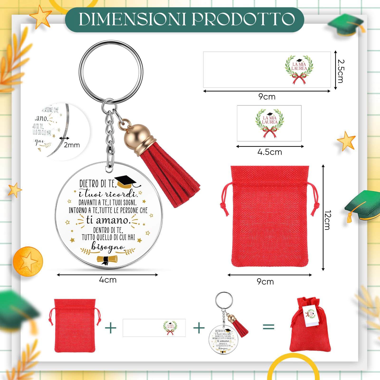 Jadive 30 Sets Bomboniere Laurea Ciondolo Bigliettini Bomboniere Portachiavi con Nappa, Sacchetti Portaconfetti Laurea, Confetti Rossi, Bigliettini con Diploma Corona d'Alloro, Regalo Festa Cerimonia