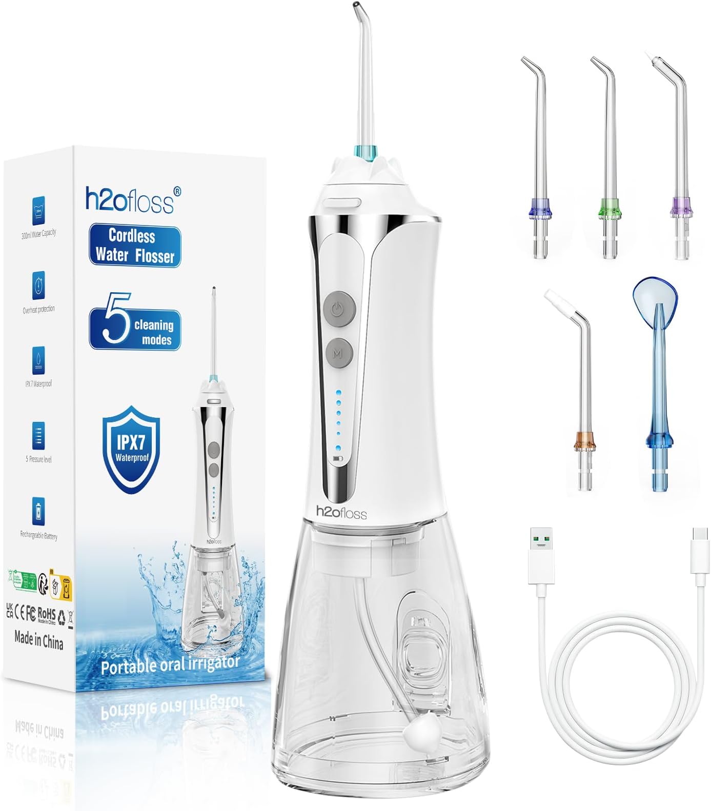 H2ofloss Water Flosser for Teeth Cordless, IPX7 Waterproof Oral Irrigator in 5 Modes, USB Recharged Water Dental Flosser with 30 Days Use, Gravity Ball for Upside Down Use, 300ml Water Tank (White)