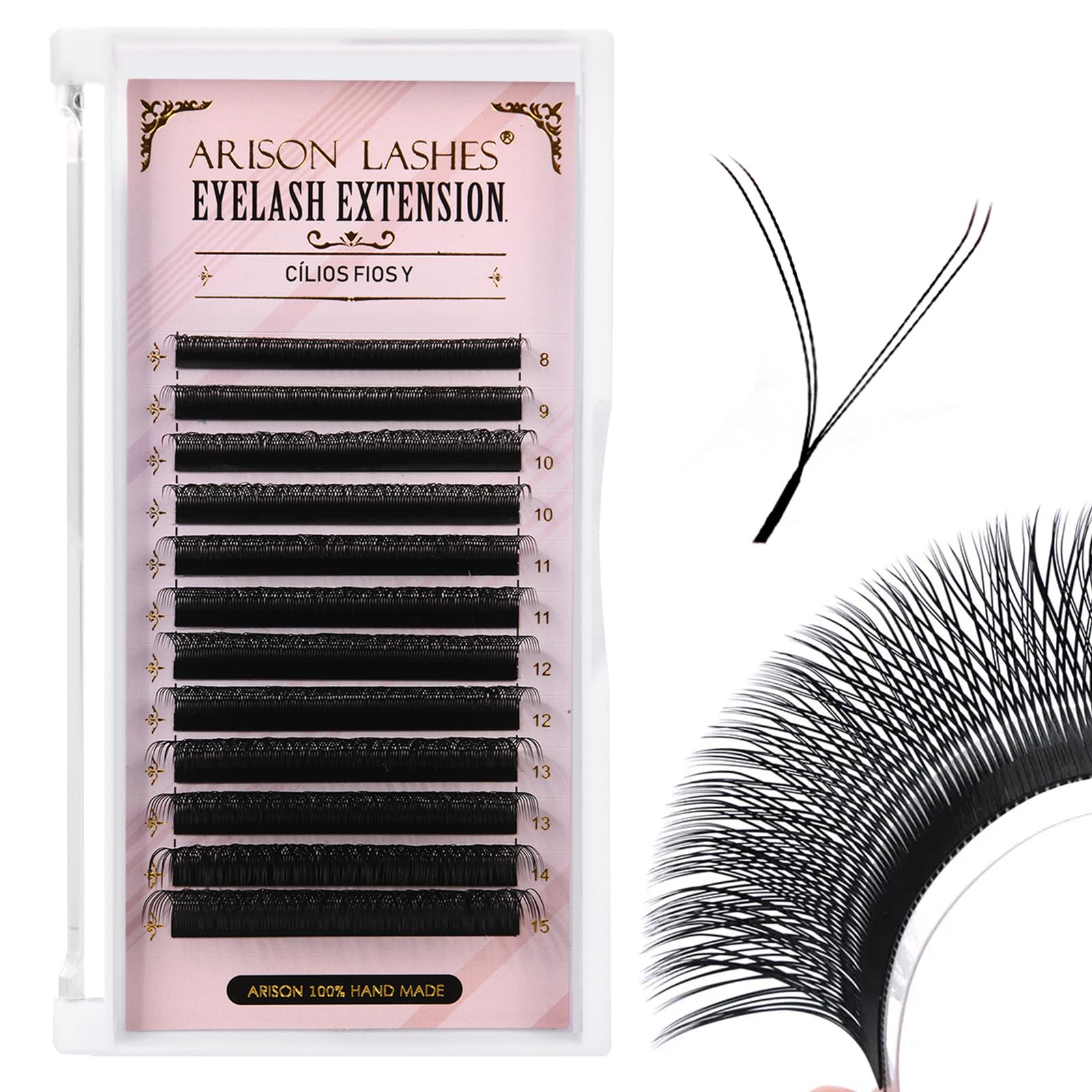 Arison Lashes YY Eyelash Extension Y Lashes D Curl Mix Tray Premade Fans Volume Y Shape Faux Mink Matte 12 rows Cluster pre Fanned Soft Eye Lashes(YY-0.07-D-8-15mix)