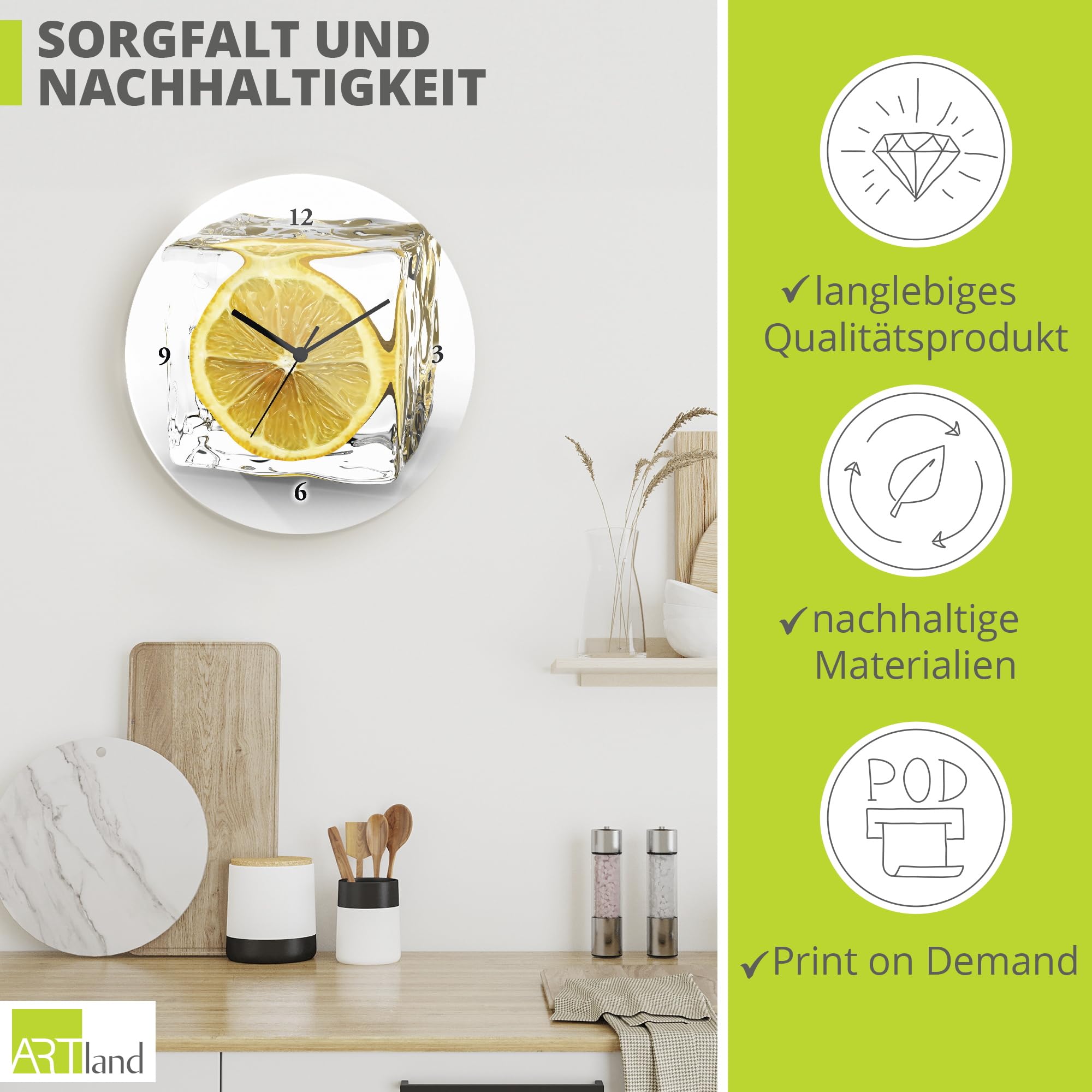 ARTLAND Wanddeko Wanduhr ohne Tickgeräusche Glas Quarzuhr Ø 30 cm Rund Lautlos Obst Früchte Zitrone im Eiswürfel Frucht Kreativ T5XT