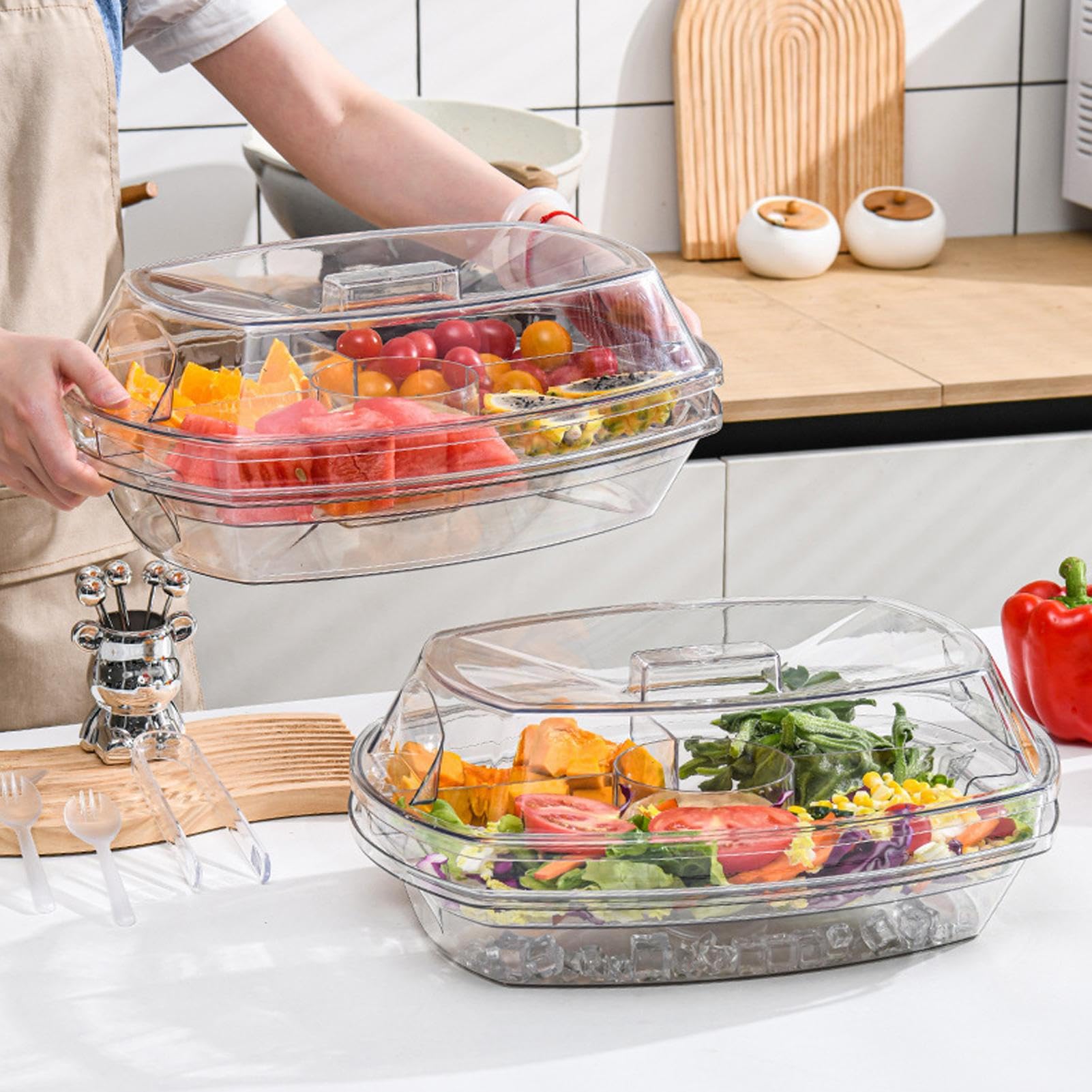 Bandejas de servir frías para fiestas, recipiente de 4 compartimentos para servir hielo con tapa, ideal para camarones, cócteles, aperitivos, postres, frutas, verduras y mariscos