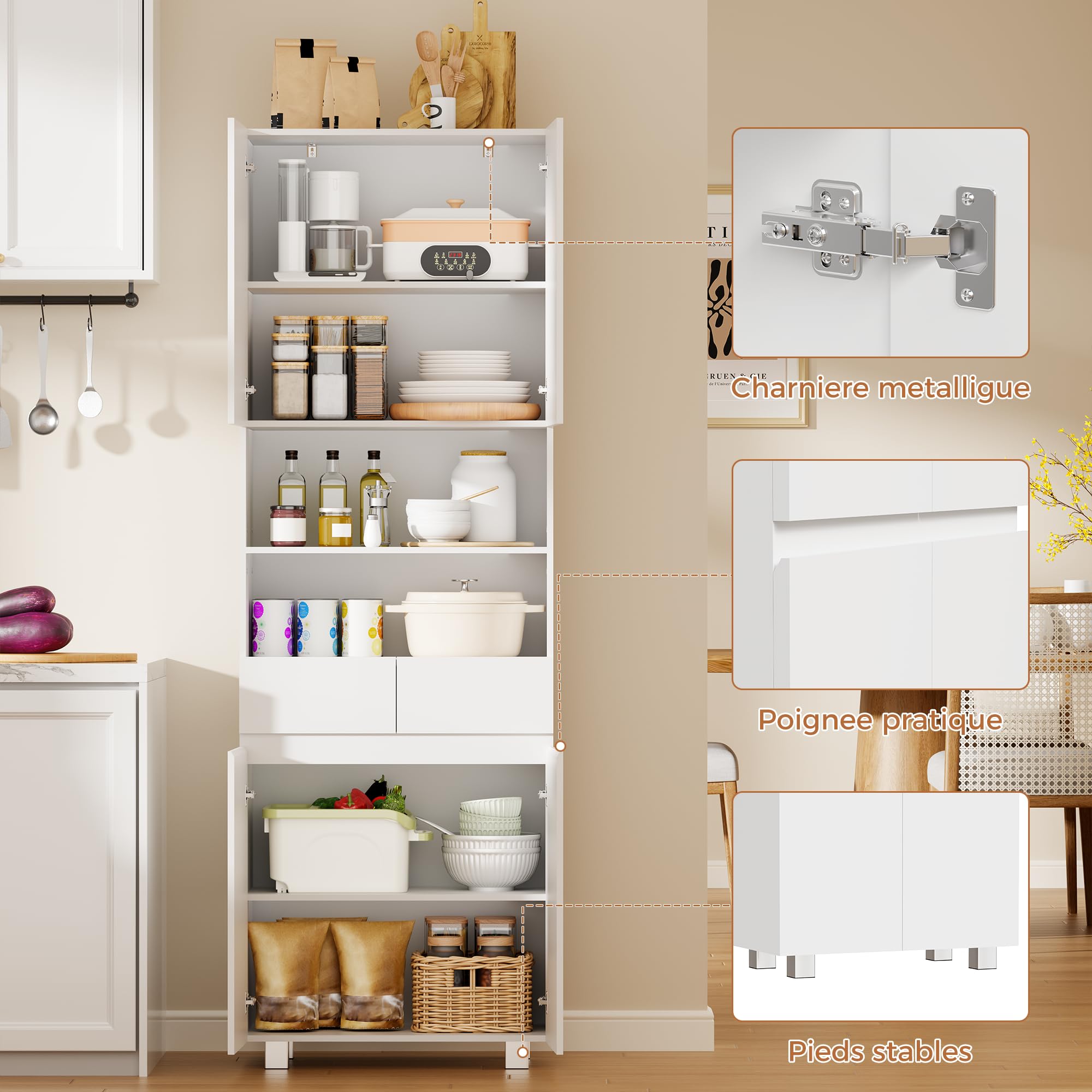 ANWBROAD Armoire de Salle de Bain,Meuble Colonne Salle de Bain,Meuble de Rangement,avec Étagères Réglables,2 Tiroir,Compartiments,pour Salon,Cuisine,30x60x180 cm,Blanc SBC012W