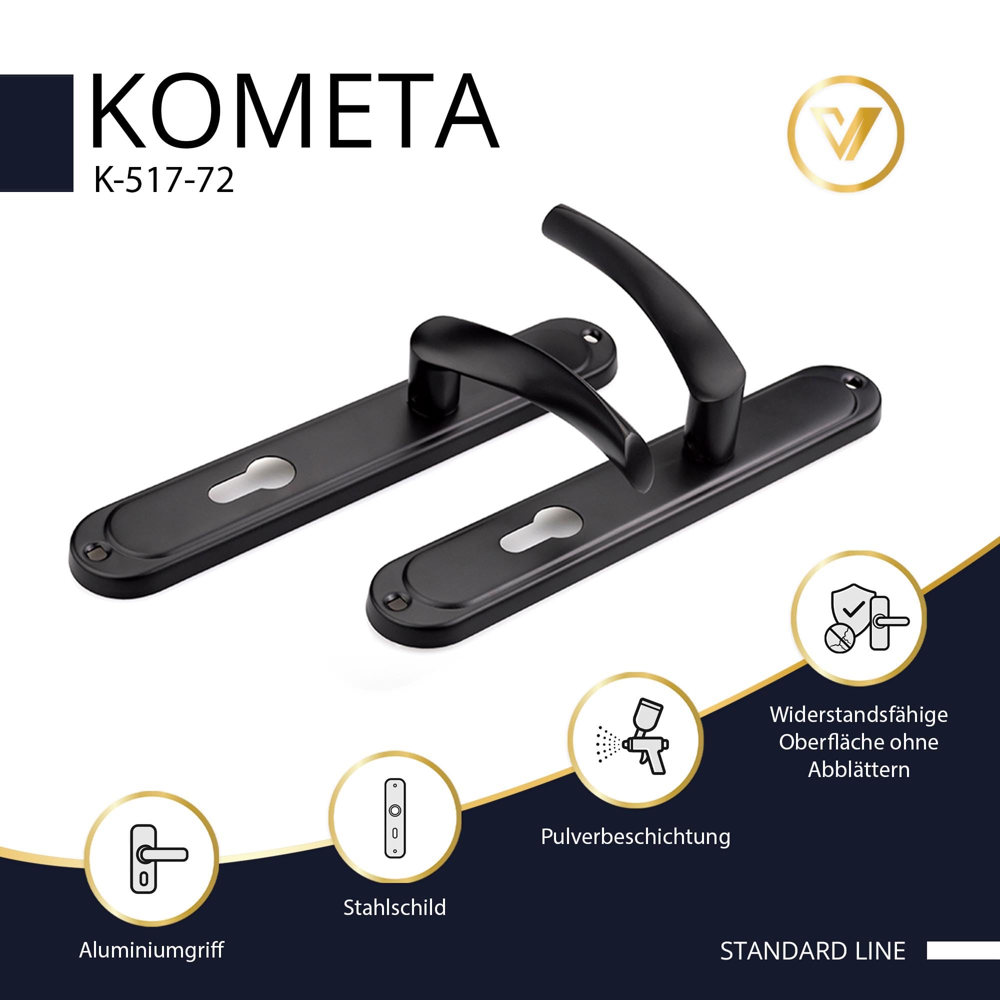 Türklinke Türgriff Drückergarnitur für Außen Haustüren Haustürgriff Nebeneingangstüren Türbeschlag Türdrücker Abstand 72mm Set DIN Links Rechts PZ Langschild Tür 40-62mm Schwarz - K-517-72 P2