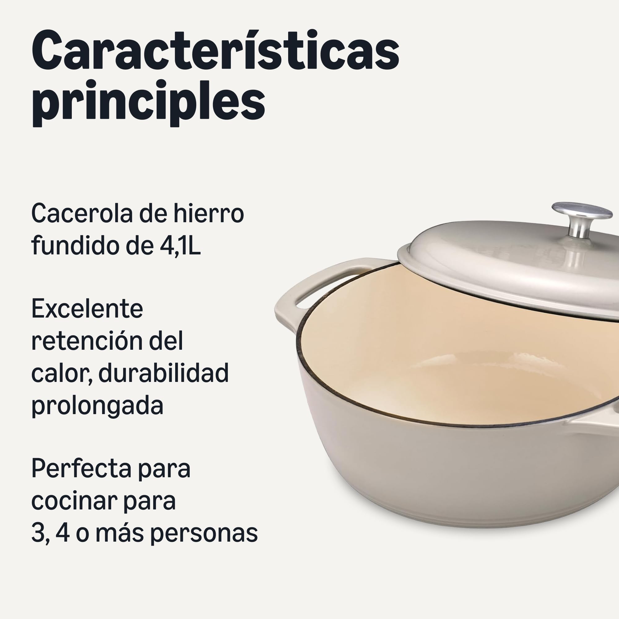 Amazon Basics Horno Holandés de Hierro Fundido con Tapa, Esmaltado, Doble Asa, Redondo, Resistente, Pequeño, 4.1L, Gris Lino