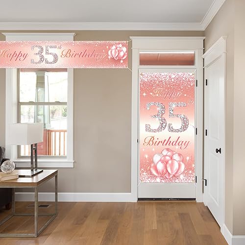 Miniatura 6 de Juego de carteles largos de feliz cumpleaños 35 para puerta, porche, decoración de cumpleaños de 35 años, suministros de fiesta para mujeres, oro