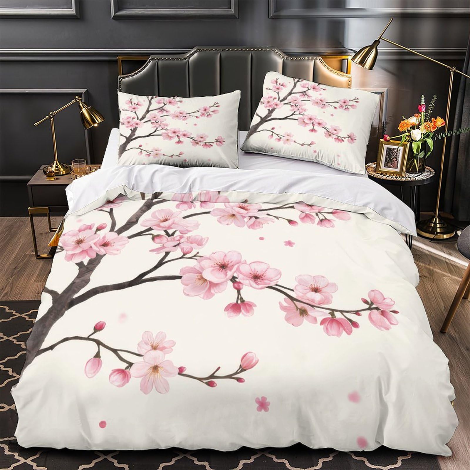 Housse de couette fleur de cerisier parure de lit 3d confort microfibre pour lit une place