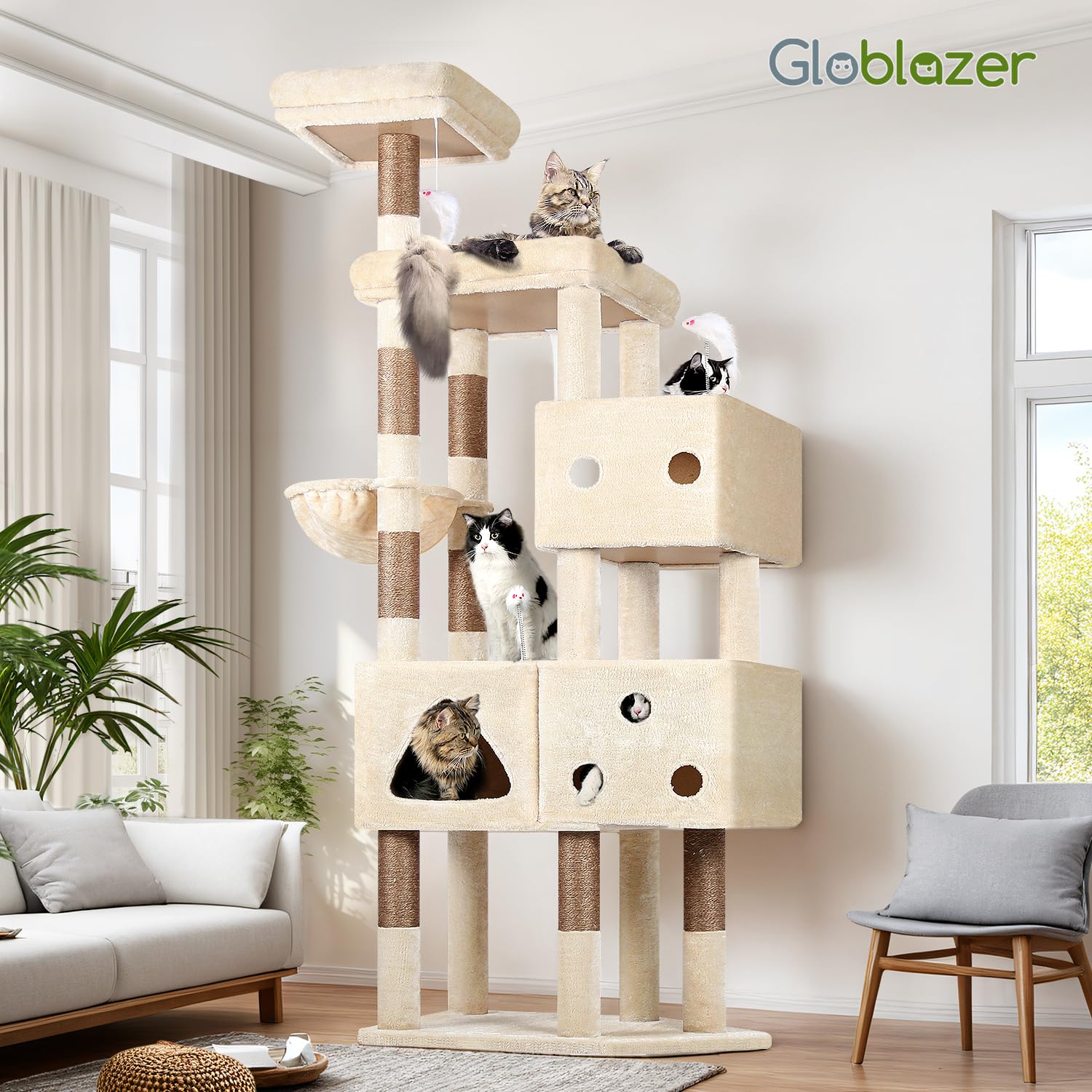 Globlazer Beige Rascador para Gatos Grandes XXL 207 cm con 3 Divertido Nidos Grande 45 * 35cm, Plataforma Amplio, Perchas, Cesta, Enorme Arbol Rascador para 4-5 Gatos Adultos Interiores (F81, Beige)