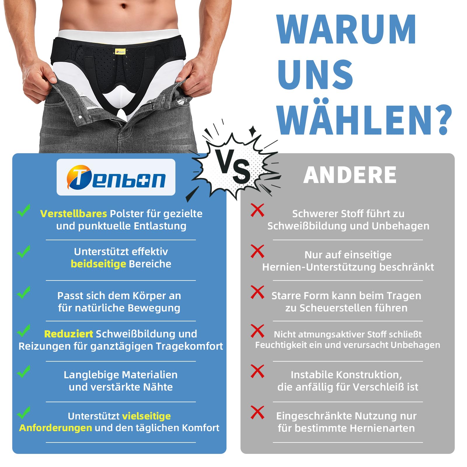 Tenbon Leistenbruchgürtel Für Männer Und Frauen Flexibel Einstellbarer Leistenbruch Gürtel Leistenbruch Stütz Schmerzlinderung mit 2 abnehmbaren Kompressionspolster Leistenbruch Links, Hernie (M)