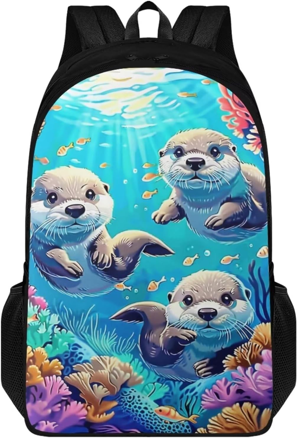 Sea Otter Backpack 17 Inch School Bag for Girls Large Capacity School Bags with Adjustable Shoulder Strap for 4th Graders Kids Bookbag Ages 8-12 Kawaii Book Bag for School