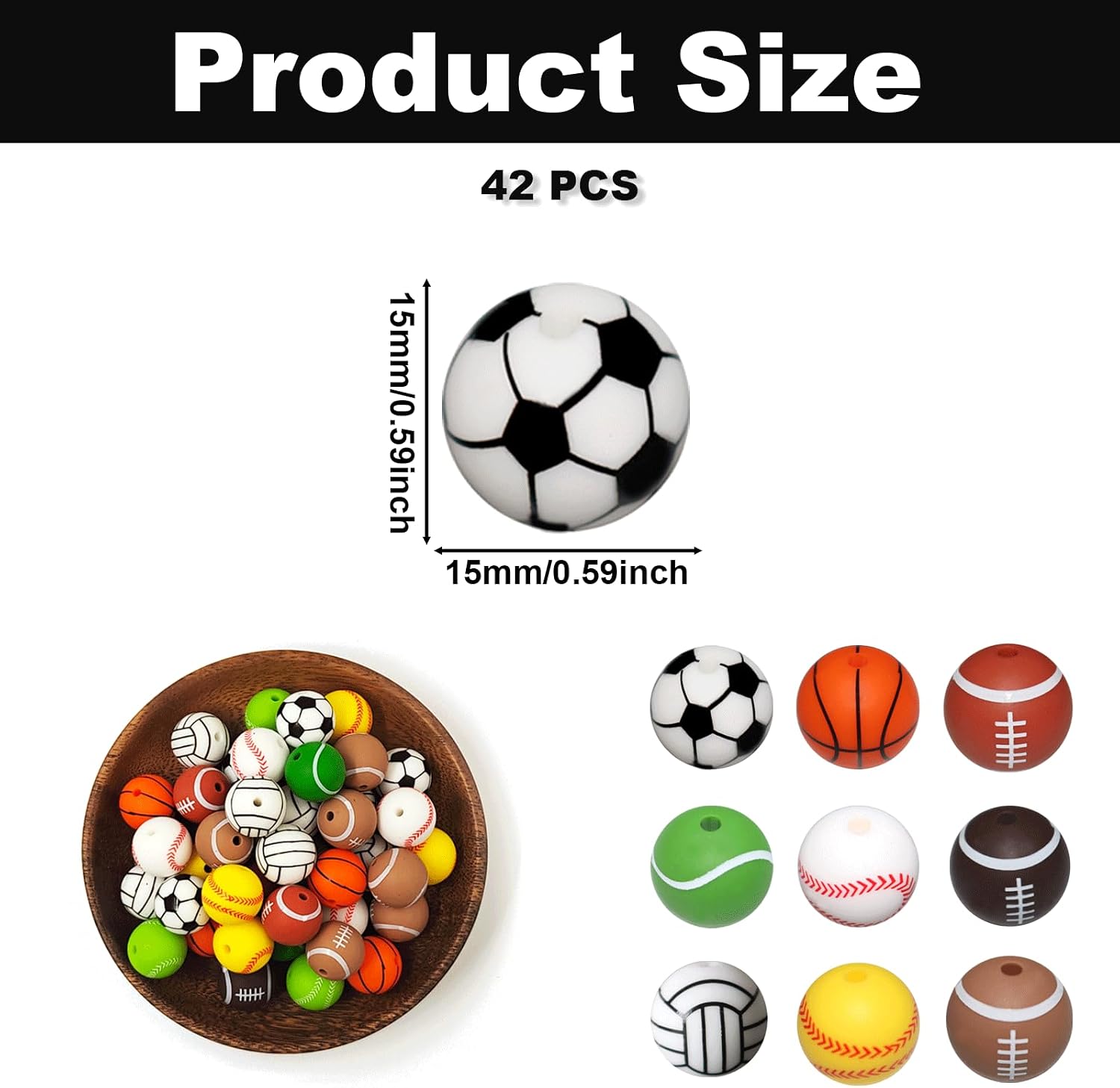 42PCS Sports Themed Silicone Beads, Soccer/Basketball/Volleyball Focal Bead, 0.59 Inch Round Loose Spacer Beads Bulk for Jewelry Making Bracelets Necklaces Keychains Pendant & DIY Crafts Supplies image 2
