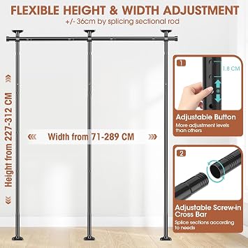 Room Divider No Drilling Curtain Rod Wall Divider for Room Separation | 227-312 cm.(H) 71-290 cm.(W) Adjustable, Heavy Duty Partition Space Separator Freestanding Tension Curtain Stand, Black
