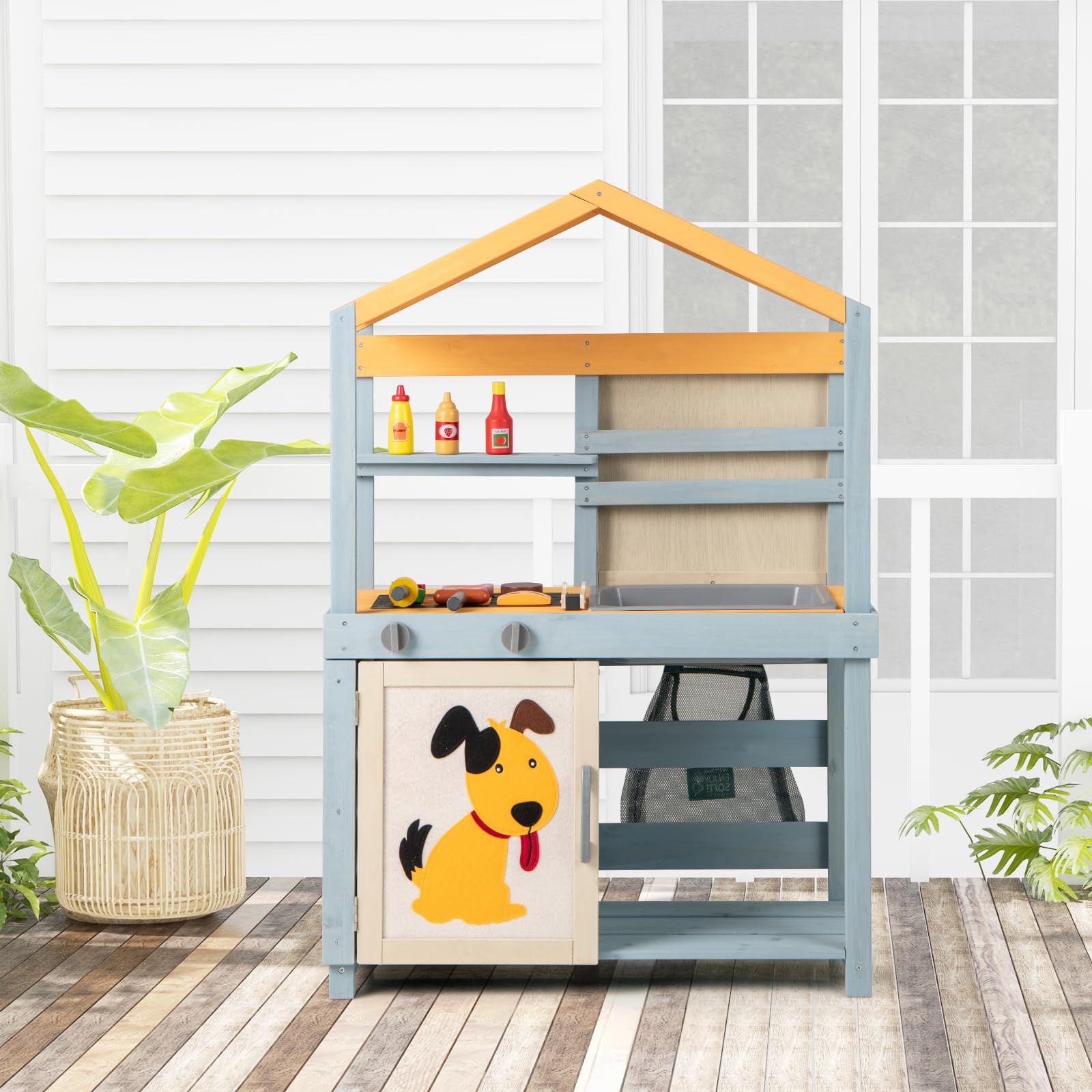 HOMASIS 3 in 1 Matschküche Kinder Outdoor, Kinderküche mit BBQ-Grill Tafel Waschbecken Spüle, doppelseitige Spielküche mit 17 Zubehör, Spielzeugküche aus Tannenholz, Gartenküche für Kinder ab 3 Jahren