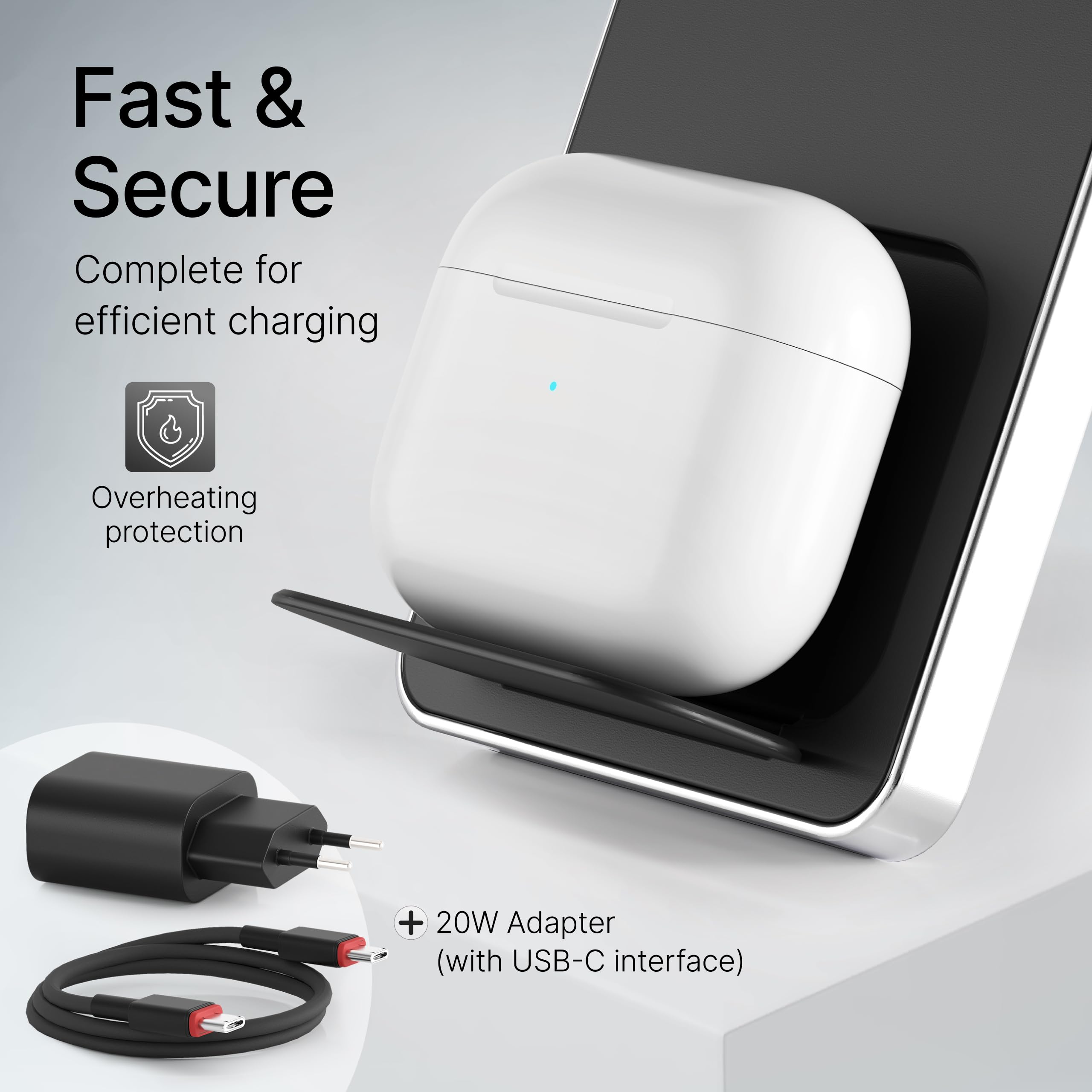 Base de Carga inalámbrica 3 en 1 para iPhone, Apple Watch y AirPods, Plegable de Aluminio, 15W, con Adaptador USB-C de 20W y Cable, compacta y Antideslizante