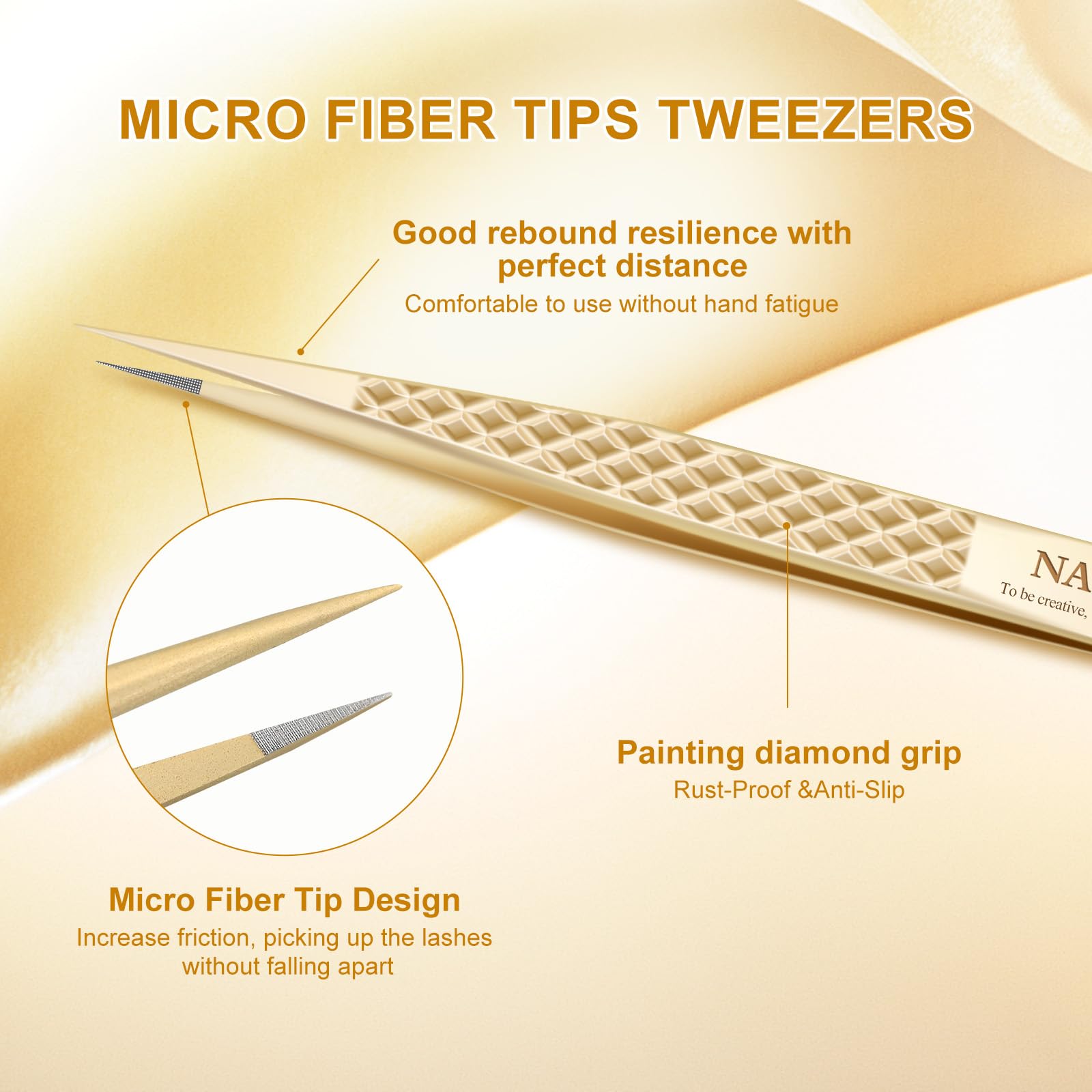 NAGARAKU Precision Fiber Tip Tweezer for Eyelash Extensions Diamond Grip Anti-Static Anti-Slip Premium Gold Stainless Steel Pointed Eyelashes Tweezers with Box(Straight Tip Classic Tweezer AG-03) - Image 3