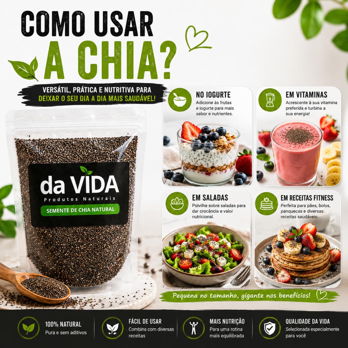 Semente de Chia Natural Embalagem Premium Zip Lock - da VIDA (250g