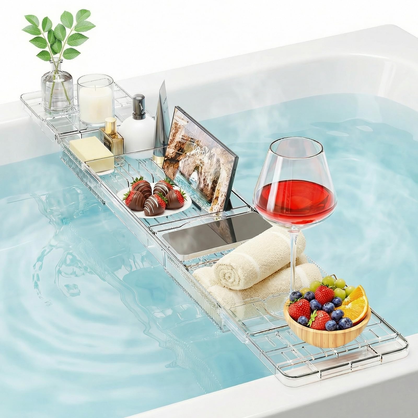 Bath Caddy Tray - Acrylic Expandable 80-104cm Bath Trays for Across Bath Transparent Bath Table Adjustable Size with Soap Box & IPad Holder Fit Most Bath Tubs for Books Phone