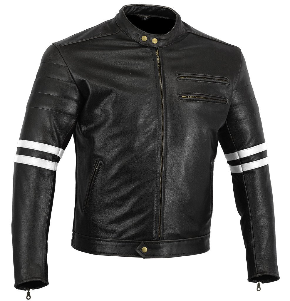 Bikers Gear The Rocker Motorcycle Black Leather Cafe Racer Jacket CE1621-1 PU Armour, White, UK 38 EU 48 Medium