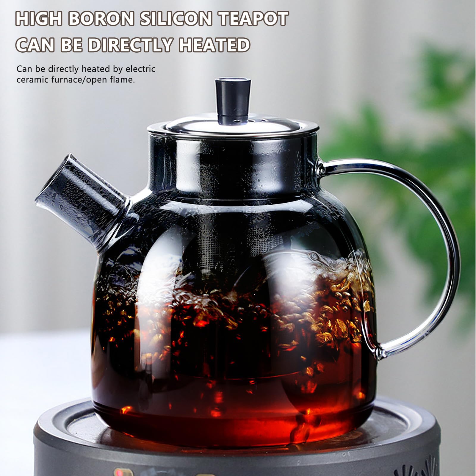 1500ml Teekanne mit Stövchen, Teekanne mit Siebeinsatz und Deckel, Glas Teebereiter mit Abnehmbare Siebeinsatz, Hitzebeständig Glaskanne für Losen Tees Fruchttee Duftender Tee Blumentee (Schwarz)