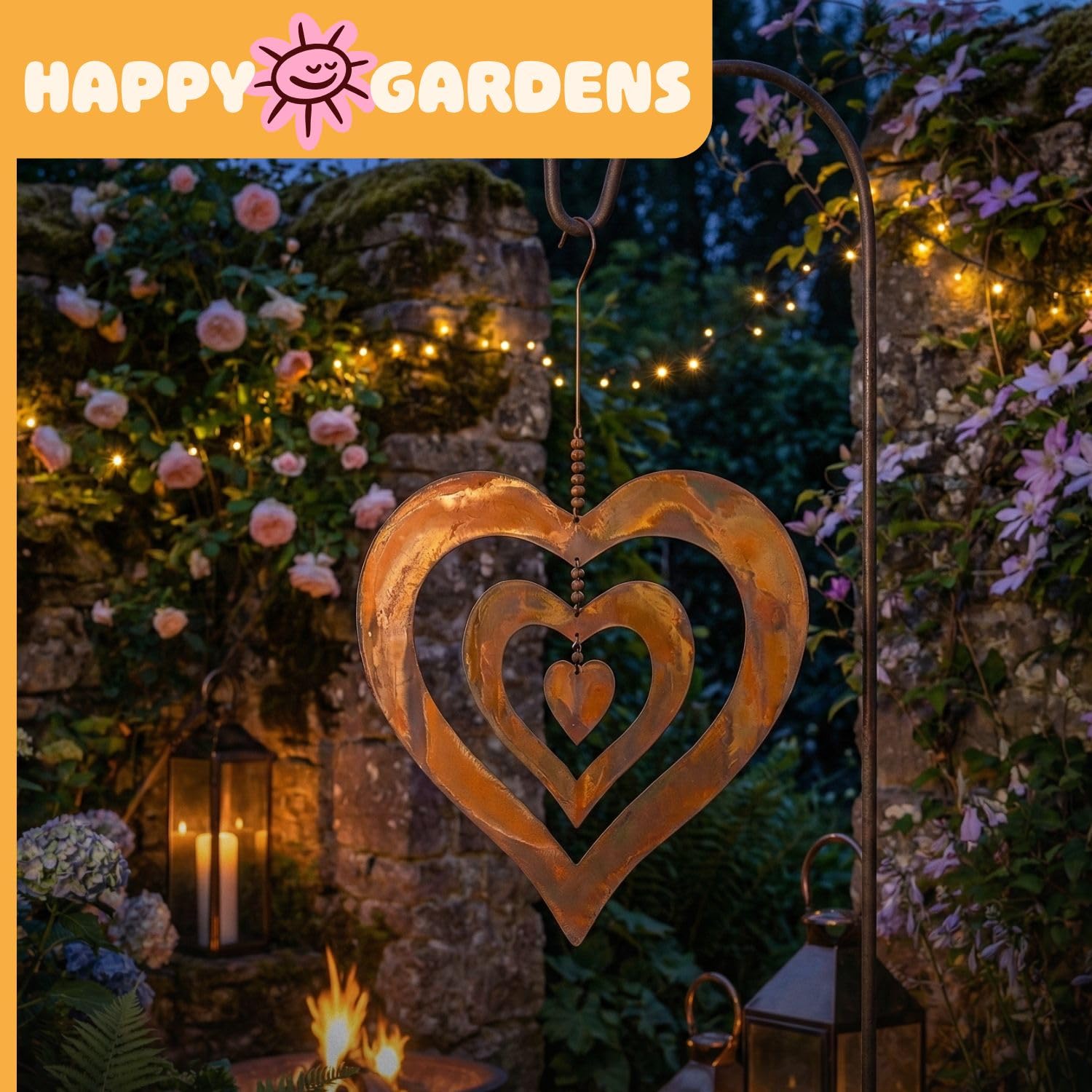 Happy Gardens Wisząca ozdoba w kształcie serca z płomieniowym wykończeniem, dekoracje w kształcie serca na zewnątrz, na Walentynki, Dzień Matki, prezenty ogrodowe i podwórkowe
