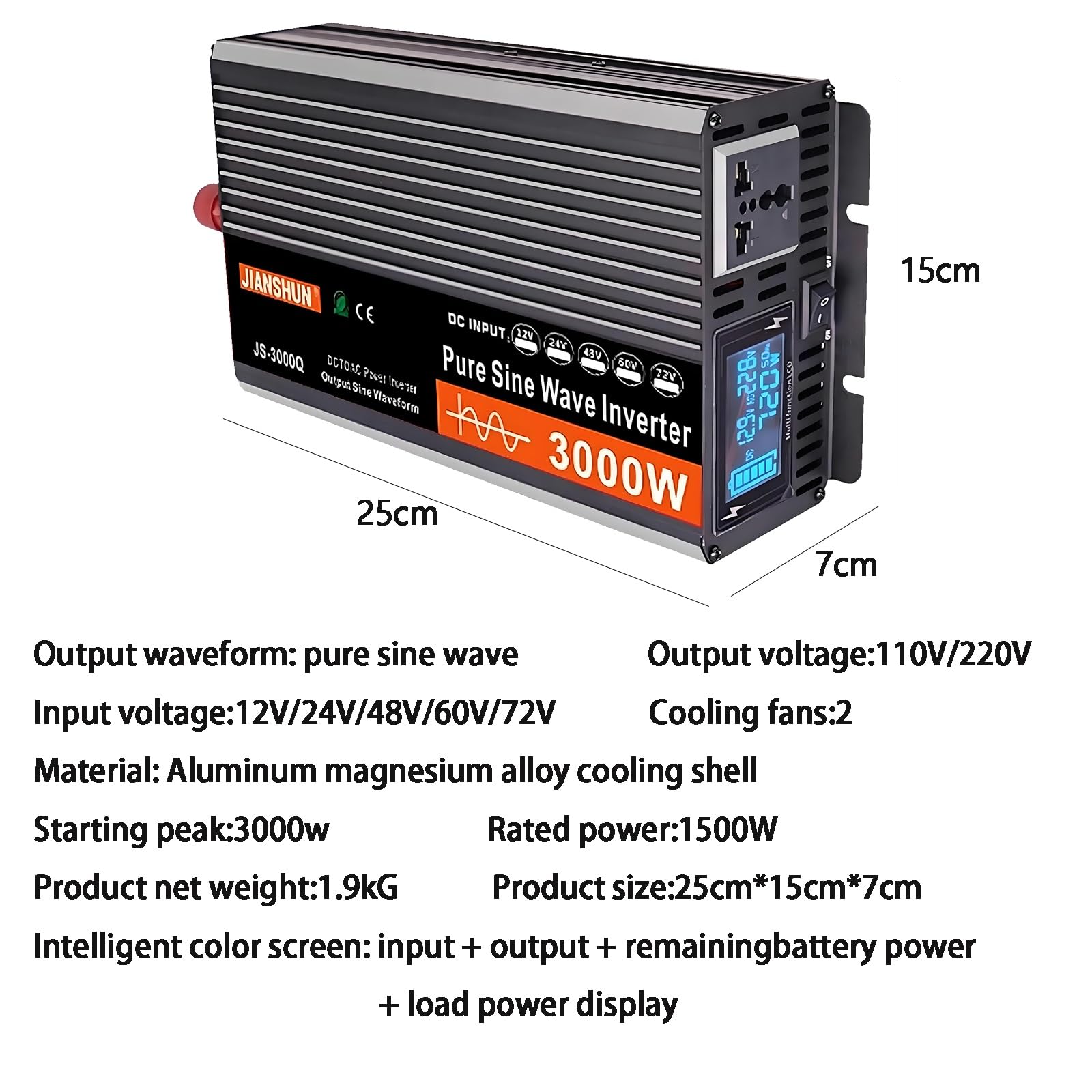Convertidor Onda Pura ​3000W 4000W 5000W 6000W Inversor DC 12V/24V/48V/60V/72V a AC 110V/220V ​Transformador,para Camion Instalacion Solar Power Inverter,con Pantalla Digital Y Toma(3000W,24Vto110V)