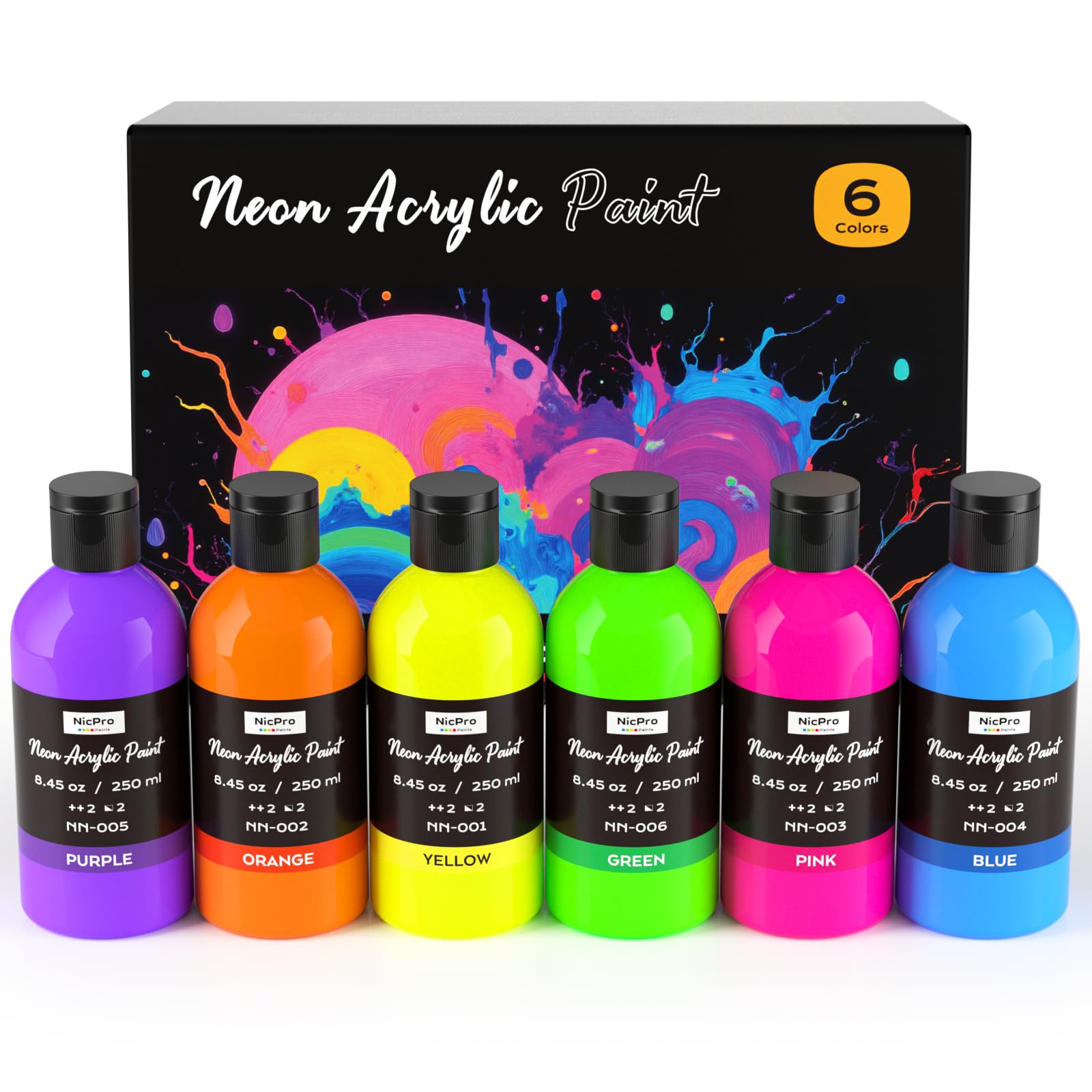 Nicpro Pintura Acrilicas Fluorescente 6 Colores X 250 ml, Brilla En La Oscuridad, Pintura Luminosa para Proyectos De Diy, Ropa De Fiesta, Halloween, Decoraciones Navideñas