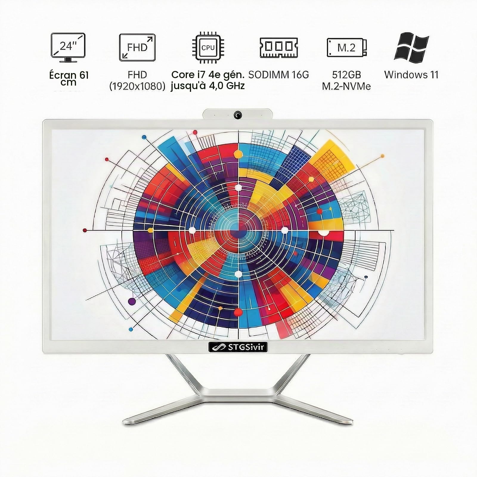 STGsivir Ordinateur Tout en Un, Écran 24" FHD, Core i7, 16G RAM, 512G SSD
