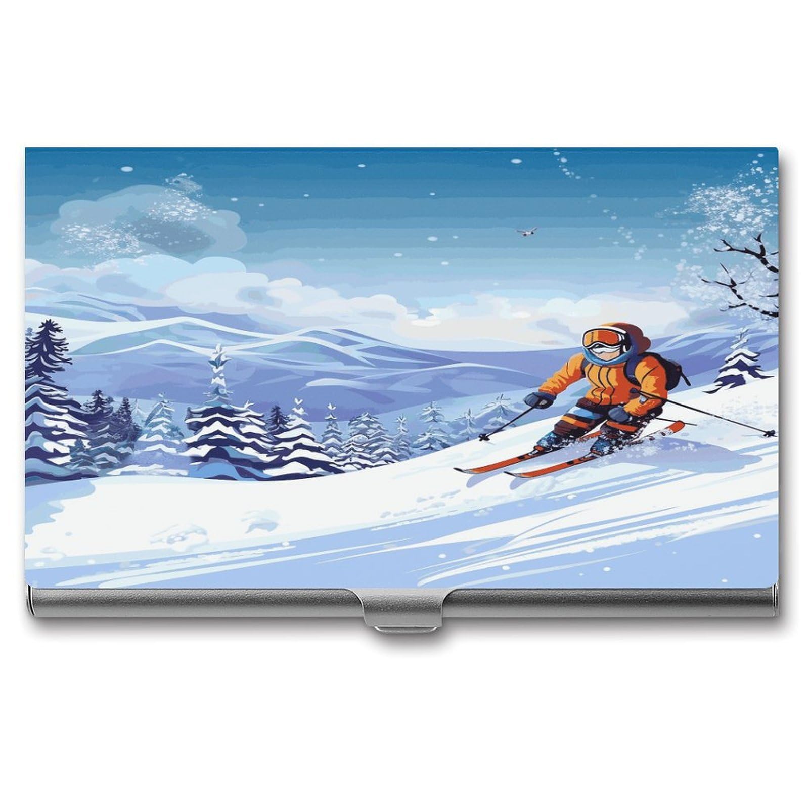 LDGSUPH Winter Skiing Business Card Holder Fashion Slim Name Card Holder Minimalist Design Case Metal Card Carrier Personalized Business Card Case with Flip for Men Women