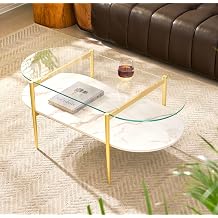 AGV LIGHTING Oval Rectangle Coffee Table with Clear Glass Top, Modern Coffee Table, White Marble MDF Shelf and Glod Metal Legs, Capsule Shape 2 Tier Coffee Table for Living Room, 42 Inch
