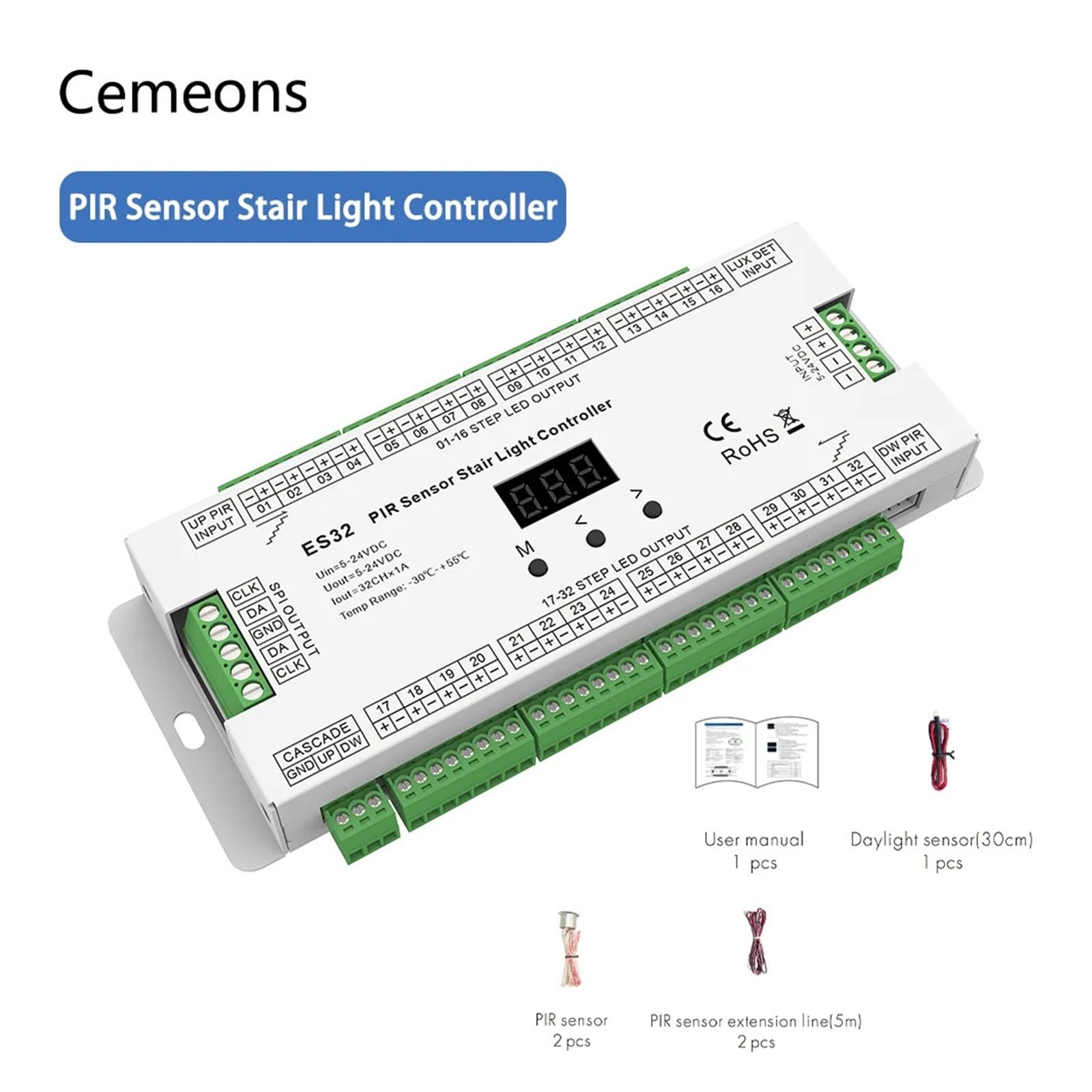 Controlador de escalera ES32, Sensor PIR, Sensor de movimiento de 32 canales, 5V CC, 12V, 24V, interruptor de luz nocturna, Controlador de luz de escalera interior