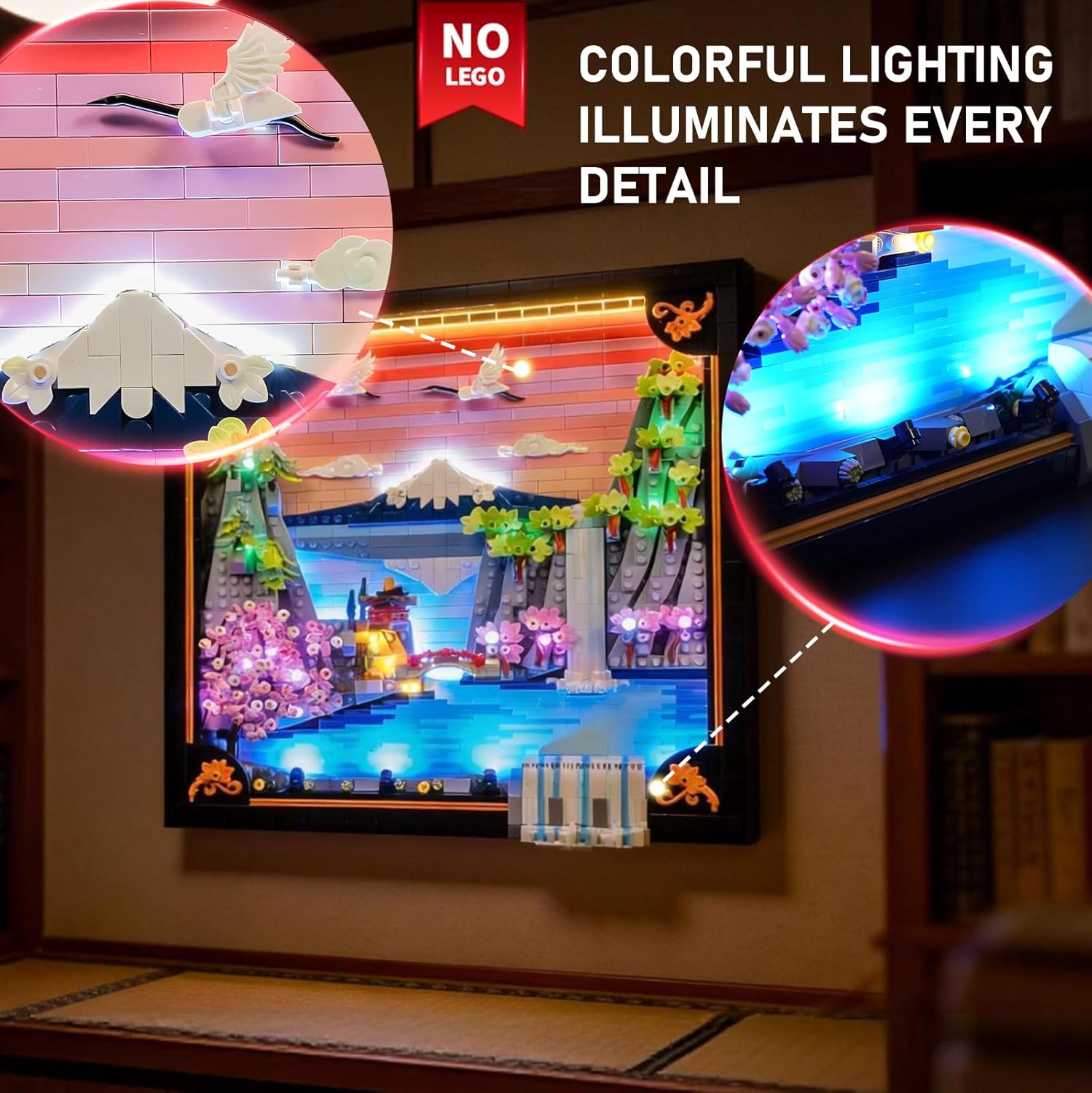 Close-up view of the illuminated LEGO Art Japanese Cherry Blossom Landscape 31218 with BRIKSMAX 2.0 Light Kit, showing colorful lighting highlighting details like the mountain and water.