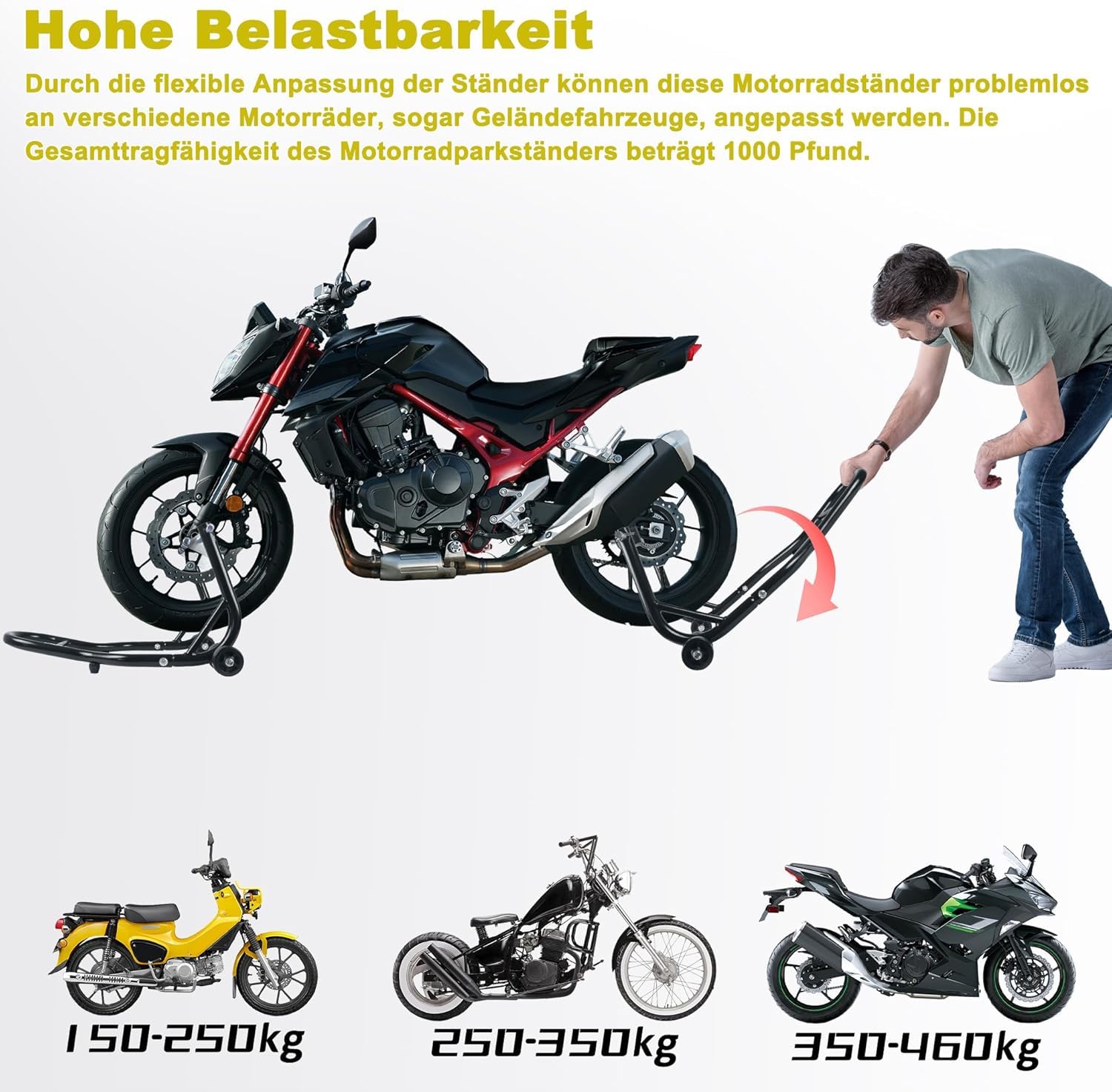 LZQ 2-częściowy zestaw stojaków na motocykl, przód i tył, stojak montażowy na kółkach, podnośnik motocyklowy, czarny