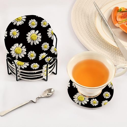 Miniatura 5 de Chamomile Flowers Pattern Coasters Coasters for Drinks Set with Holder 6 Pack Aesthetic Coasters for Desk