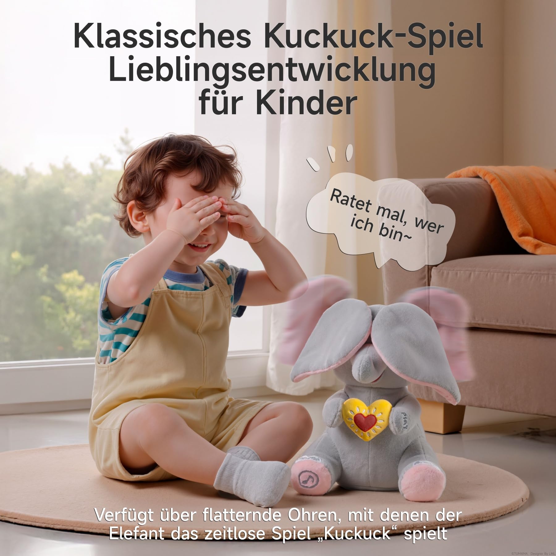 Singender Elefant Kuscheltier spielt Guck, Schlummer Kuscheltier mit Flatterohren für Kinder