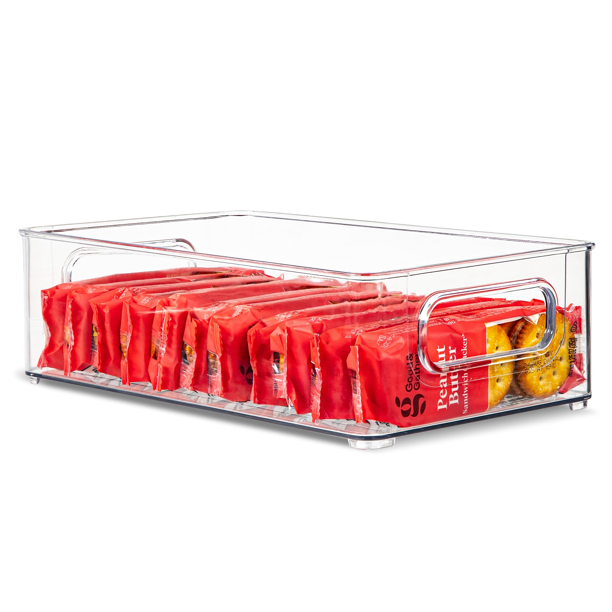 Contenedor de plástico transparente para almacenamiento de alimentos con asas para organizar cocina, despensa, refrigerador, congelador, despensa, armario, baño. Apilable, 10 x 6 x 3 pulgadas