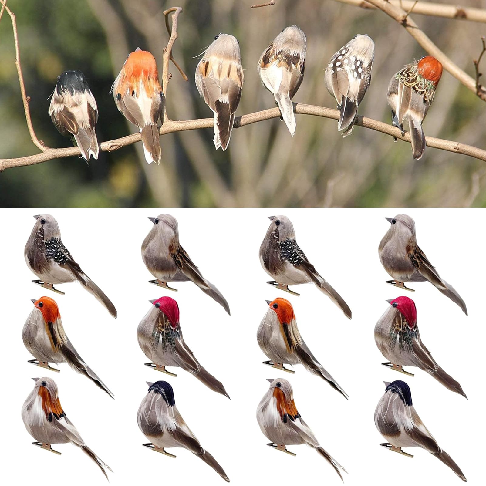 12pcs Artificial Birds Realistic 3.9-Inch Simulation Foam Feather Sparrow Bird Clip on Ornaments for Christmas Decoration Craft Wedding Party Accessories