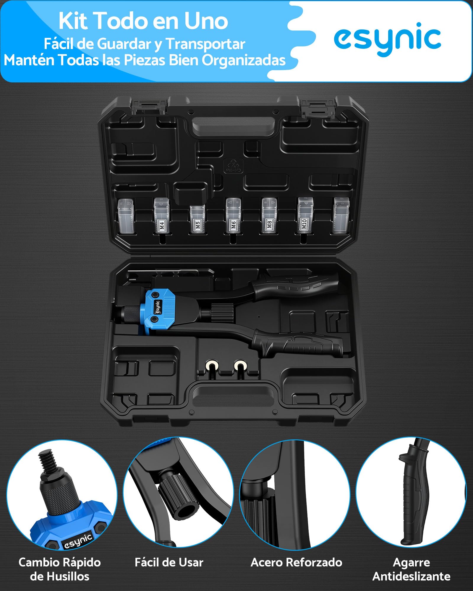 eSynic Remachadora de Tuercas 13 Pulgadas M3-M12 con 110 Tuercas Pistola Remachadora Manual Herramienta de Remache Roscas y Alicate de Tuerca Roscada Profesional para Metal Taller Coche y Bricolaje