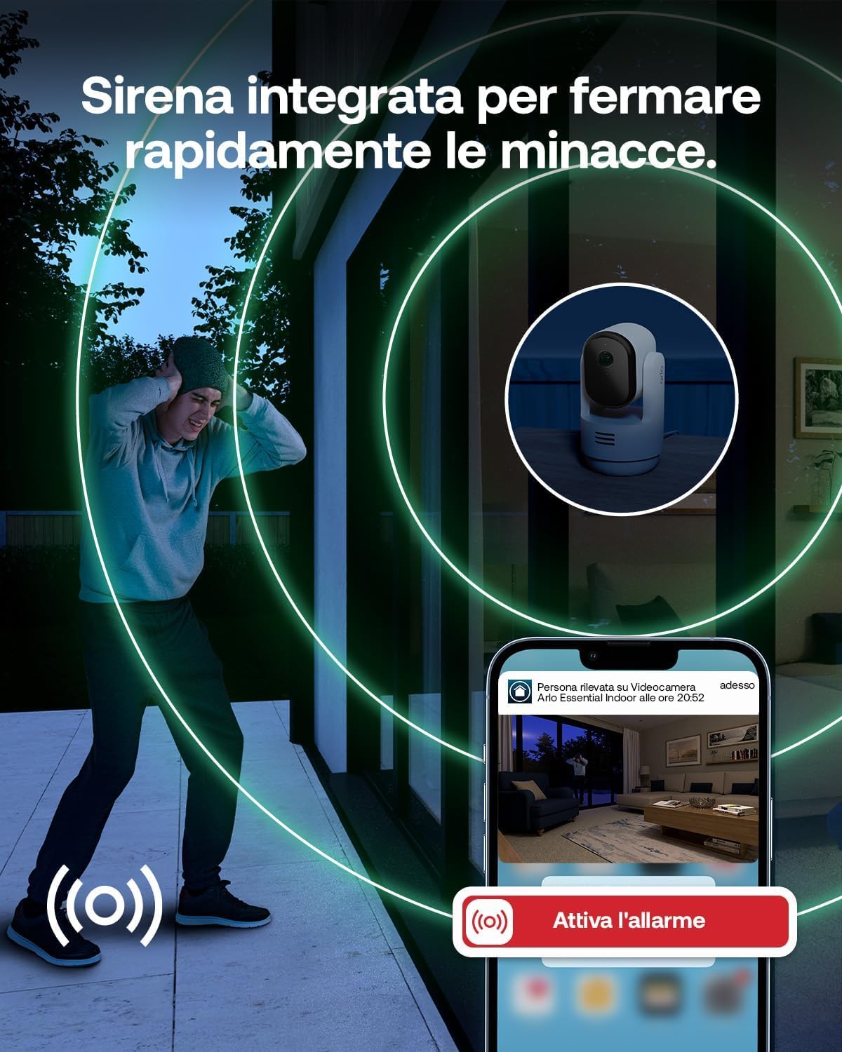 Arlo Essential 3 Indoor 2K PTZ, Telecamera di Sorveglianza WiFi Interno 2K, Rilevamento di AI, Visione Notturna, Audio Bidirezionale, 1 Telecamera, Bianca
