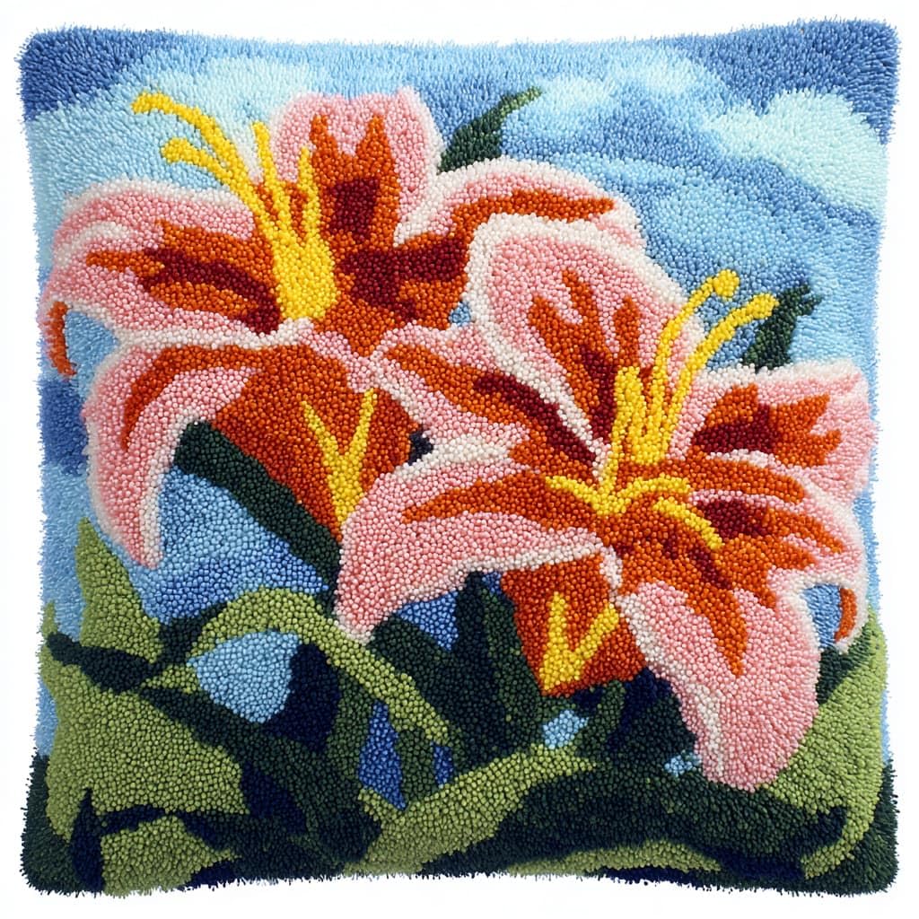 Taxpy Latch Hook Cushion Kits, Lily Flowers Pillow Case Rug Cover Beginner DIY Needlework Embroidery Kits Handmade Set 43 * 43cm