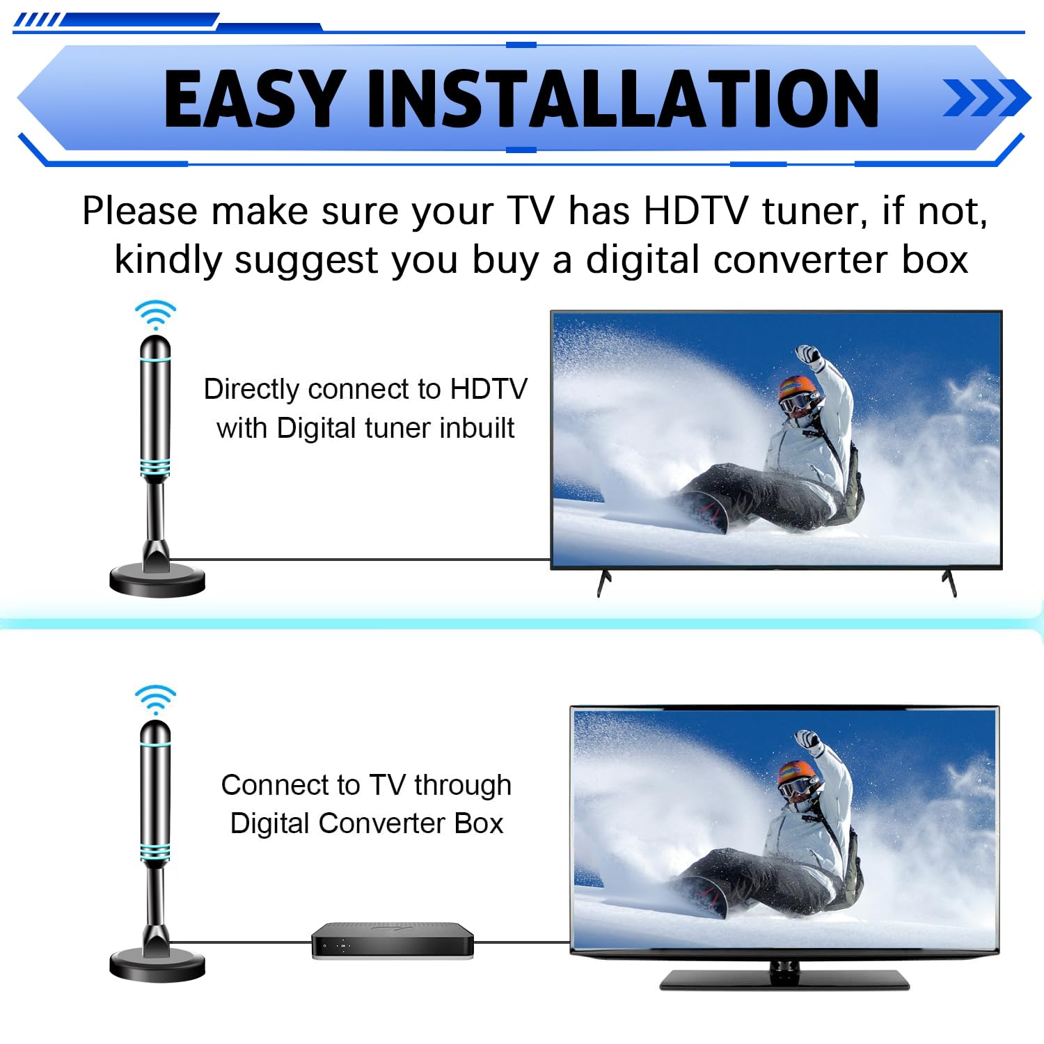 Antenna digitale per Smart TV da interni, antenna TV per canali locali, forte antenna TV con base magnetica per interni per una facile installazione, ricezione a lungo raggio per 4K 1080p, supporta