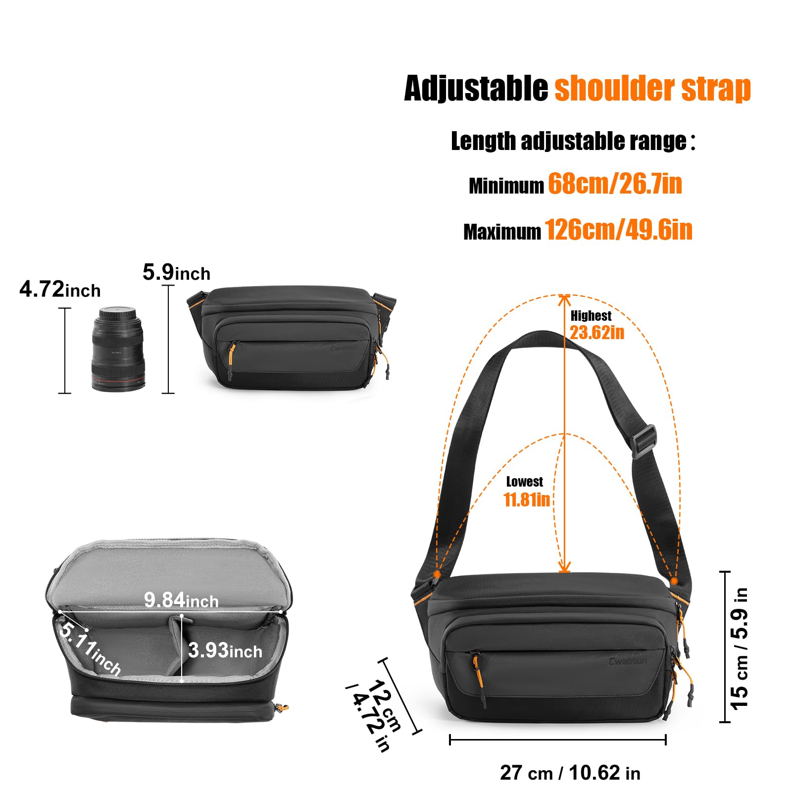 Cwatcun Borsa per fotocamera reflex, borsa per fotocamera resistente all'acqua, tracolla per fotografi, Nero, S