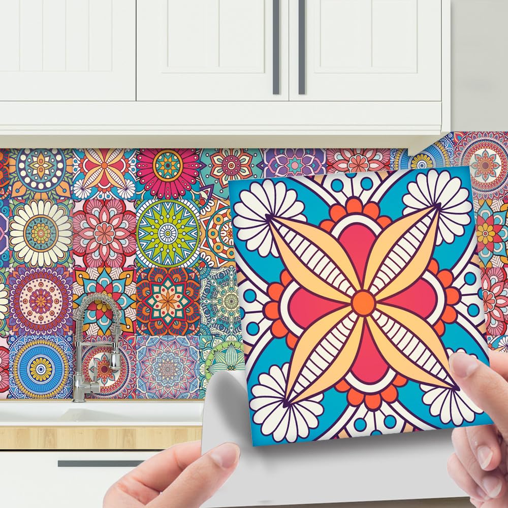 LMYSXAOZ 24 PCS Tile Stickers Stick on Tiles, Self Adhesive Wall Tiles for Kitchen Bathroom, Oil Proof Peel and DIY Floor Mandala (20x20cm,Morocco1)
