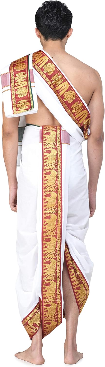 Exotic India Vrindawan Dhoti and Angavastram Set with Woven Golden Zari Border