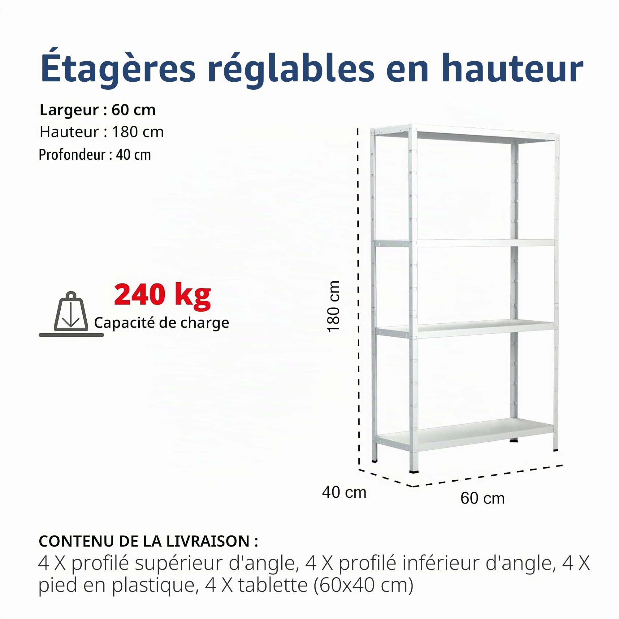 Etagère Métallique Emboîtable 4 tablettes 60 kg de Charge par Niveau Schulte 180 x 60 x 40 cm Blanc Rangement, Stockage et Etagère pour Cave, Garage et Atelier