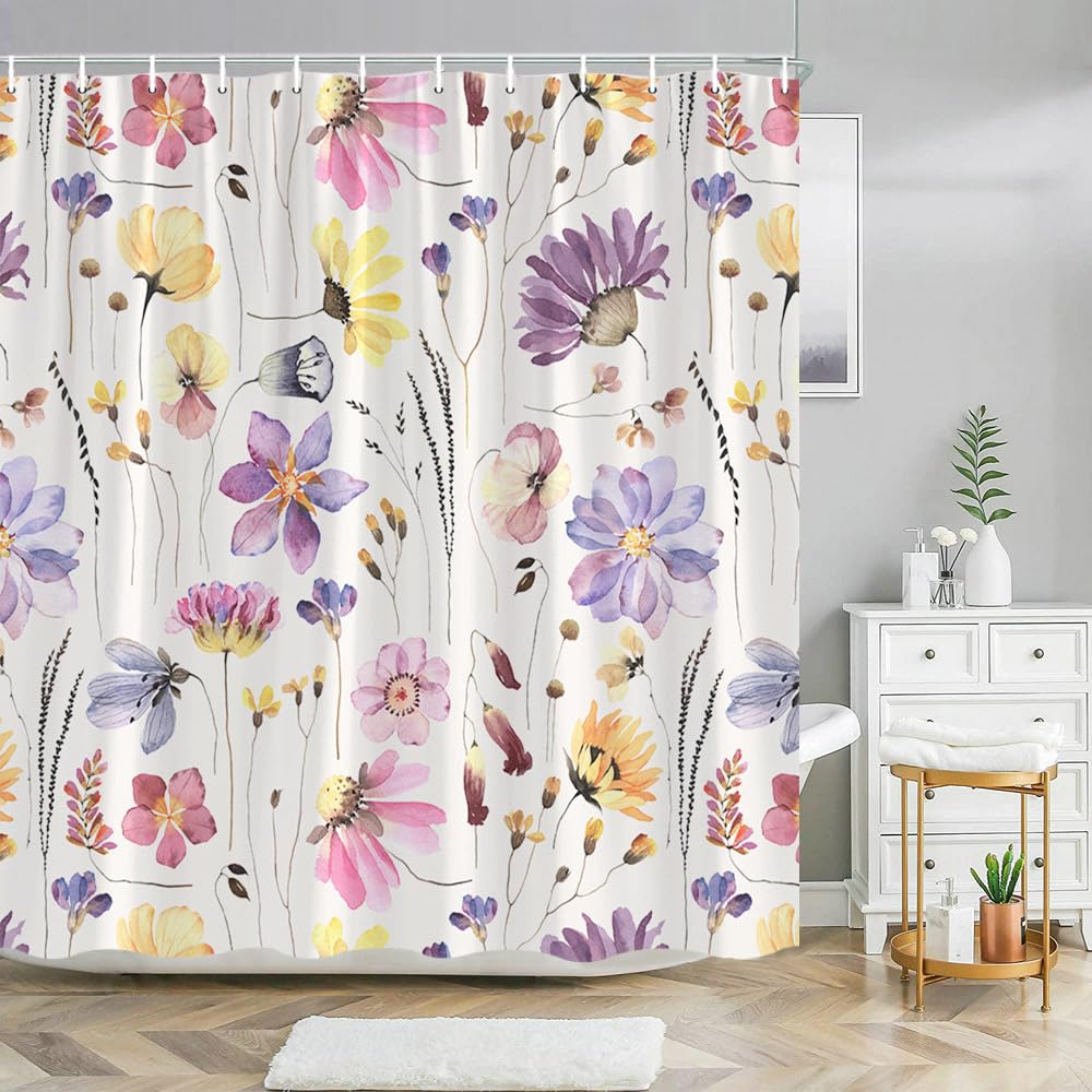 GLWDMB 1 Piece 150x180CM Watercolor Flowers Printed Shower Curtain With Hook, Polyester, for Windows And Walls, Bathtub, Bathroom, Machine Washable, All Season Universal